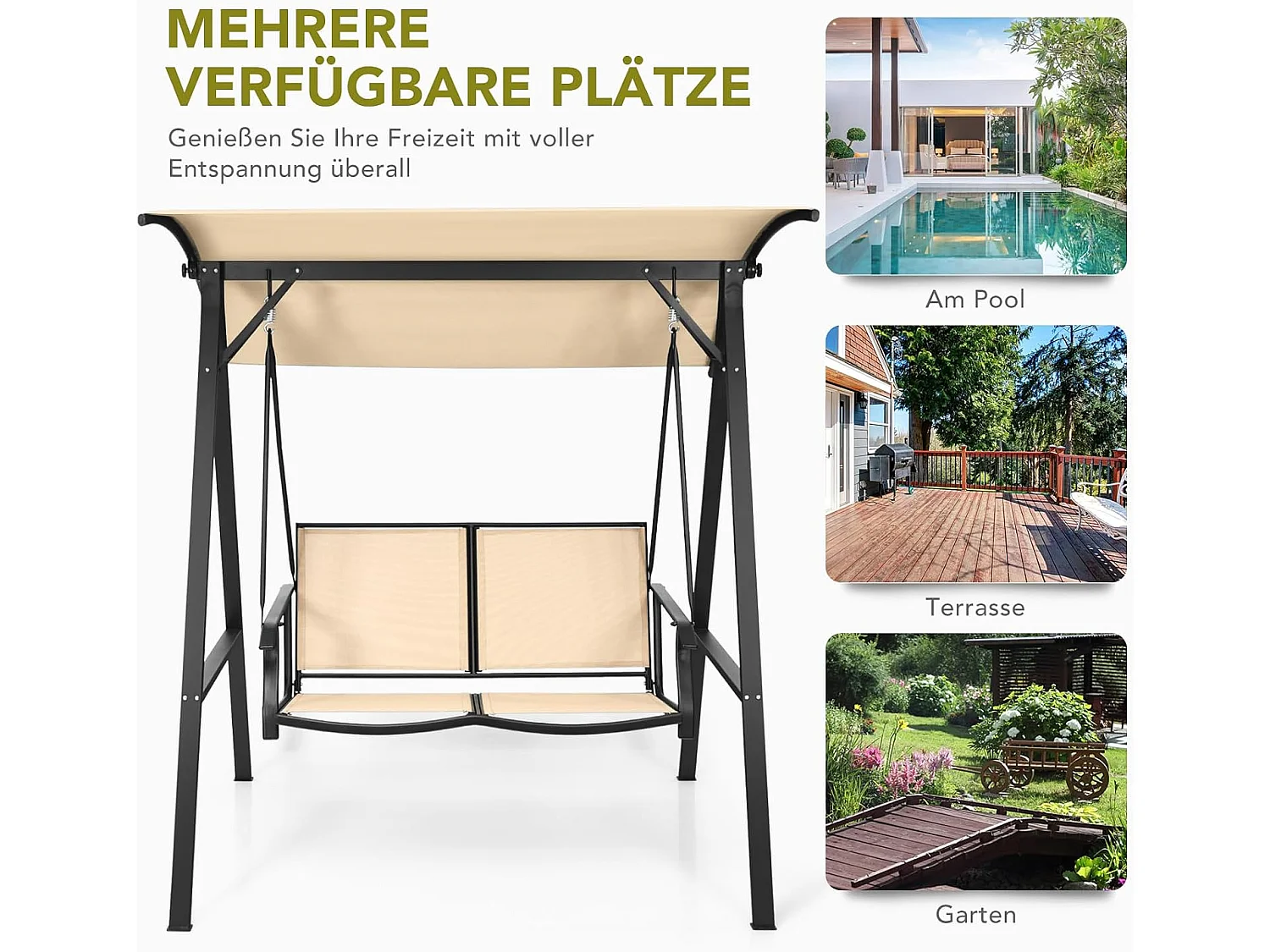 Schommelbank met verstelbaar dak, 2-zits tuinschommel, schommelbank voor tuin, terras en achtertuin ZB32427