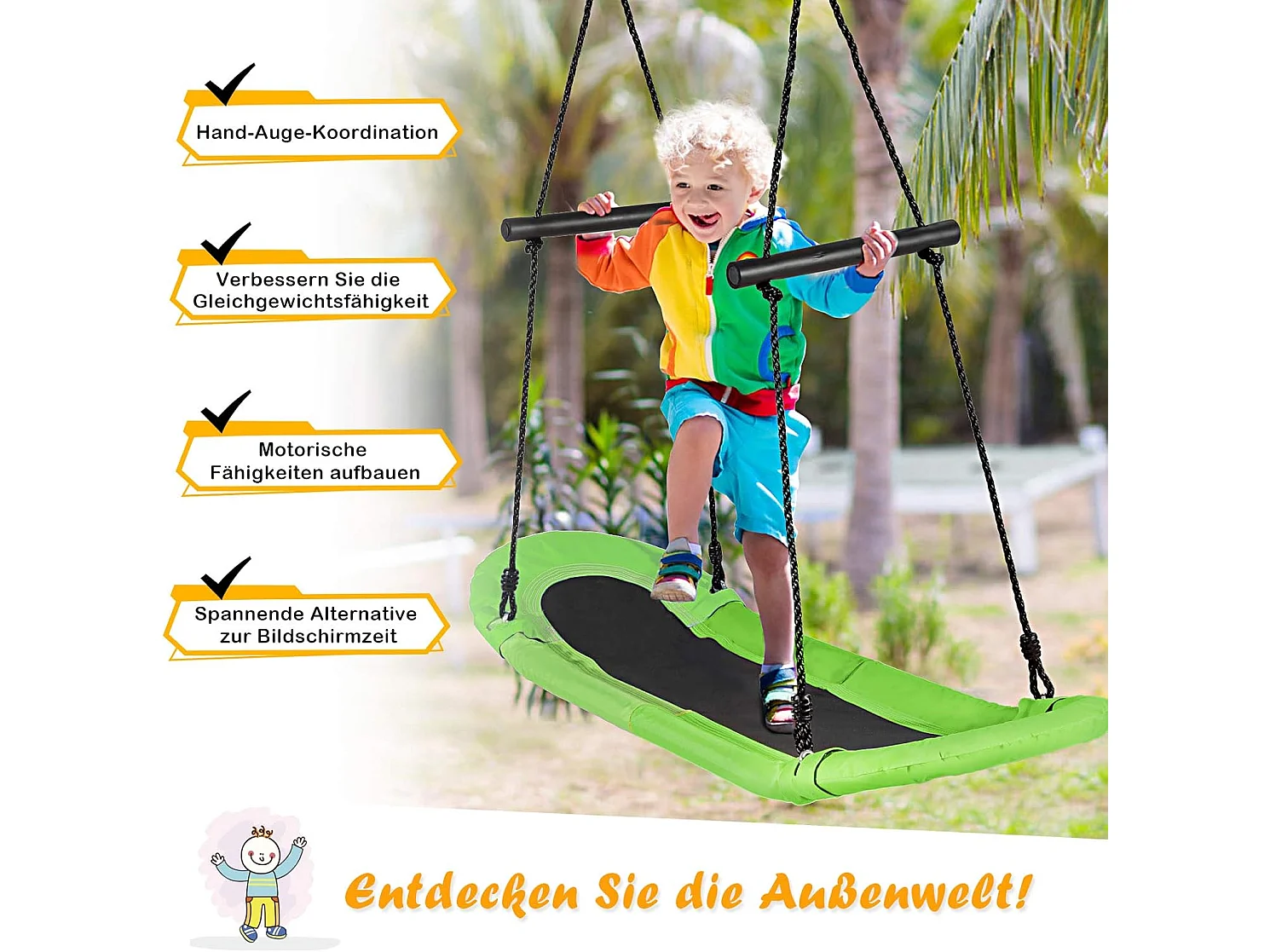 Nestschommel, ovaal, skateboardschommel met handgrepen, kinderschommel, outdoor meerkinderschommel, boomschommel,voor kinderen en volwassenen (groen) ZB33886