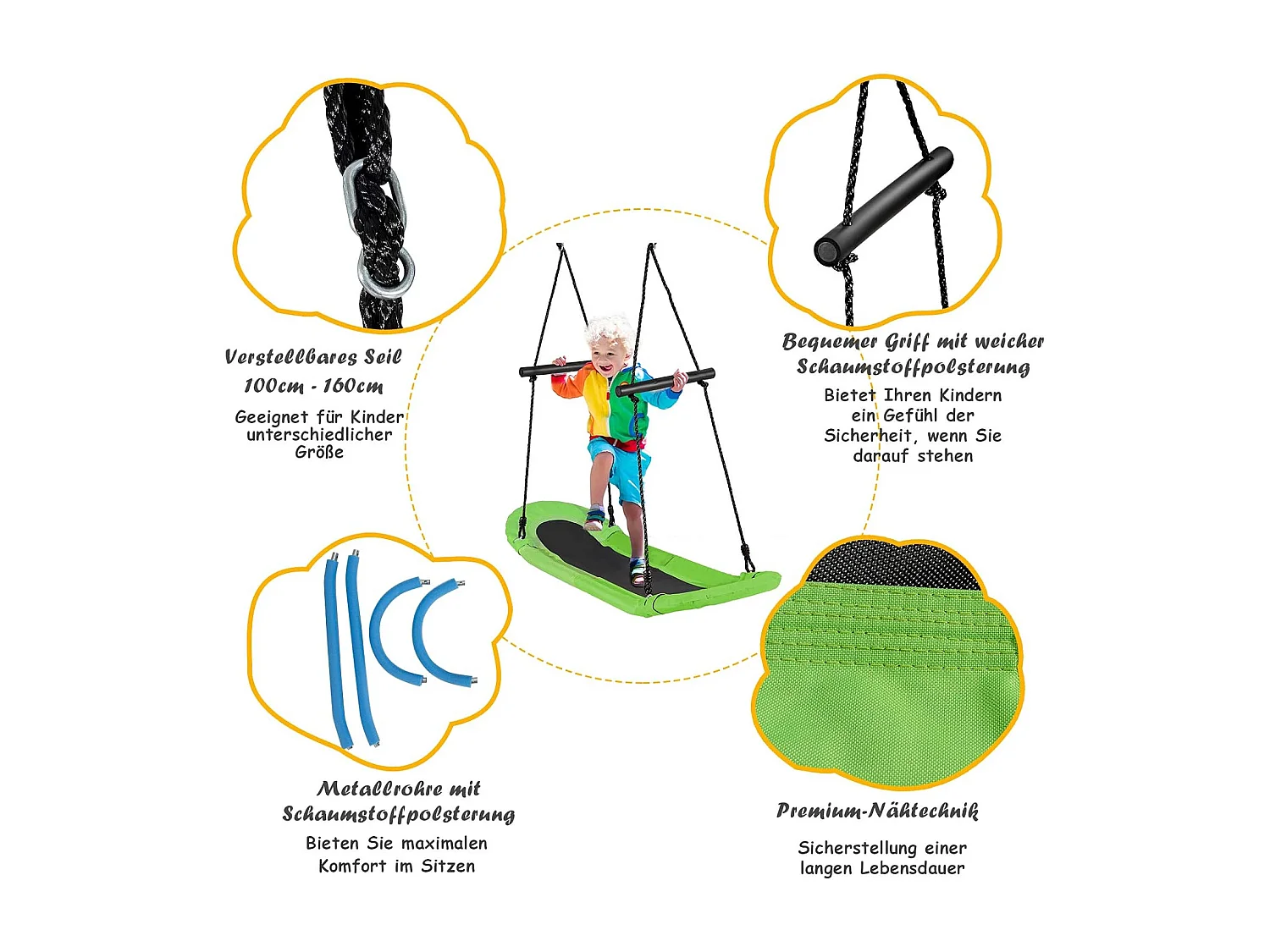 Nestschommel, ovaal, skateboardschommel met handgrepen, kinderschommel, outdoor meerkinderschommel, boomschommel,voor kinderen en volwassenen (groen) ZB33886