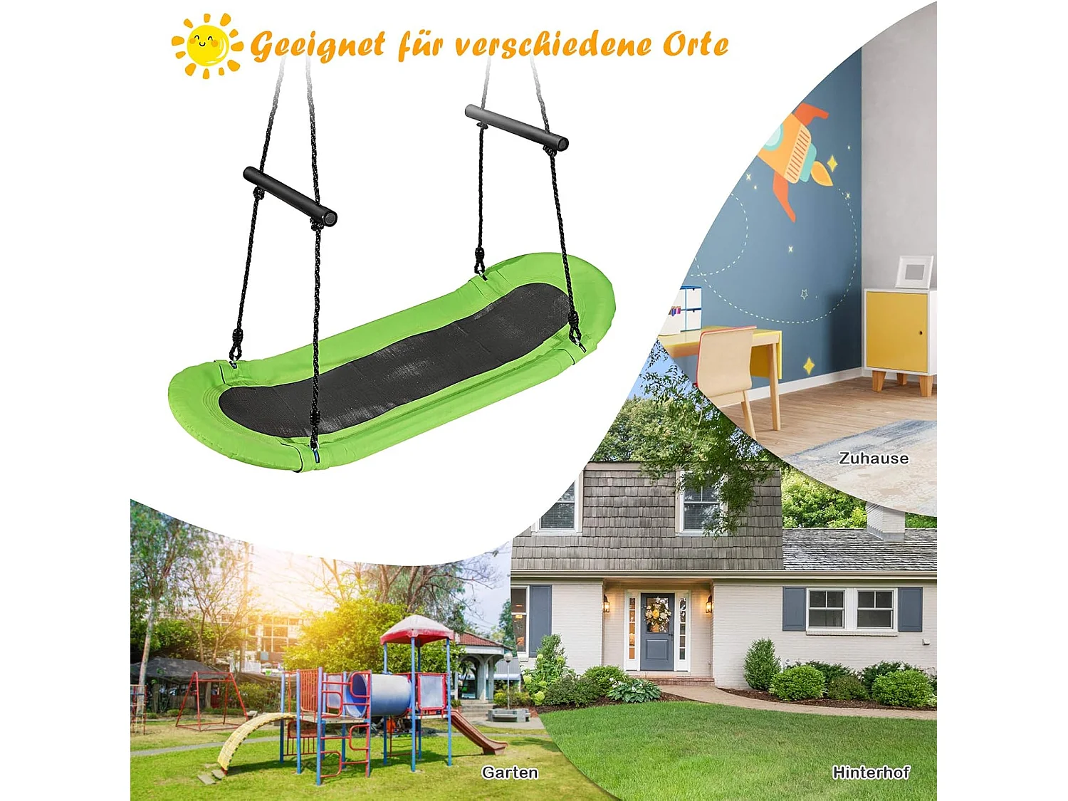 Nestschommel, ovaal, skateboardschommel met handgrepen, kinderschommel, outdoor meerkinderschommel, boomschommel,voor kinderen en volwassenen (groen) ZB33886