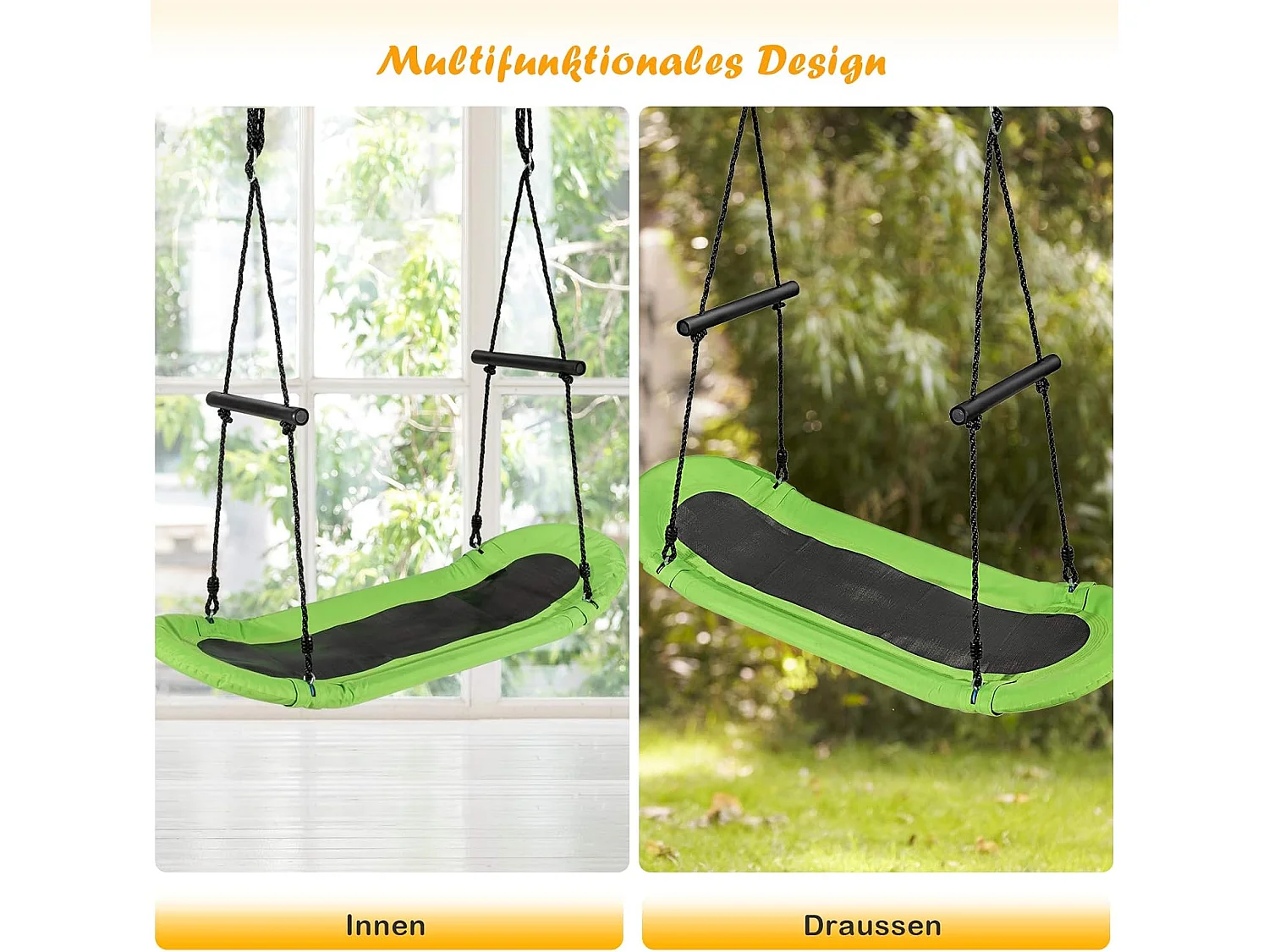 Nestschommel, ovaal, skateboardschommel met handgrepen, kinderschommel, outdoor meerkinderschommel, boomschommel,voor kinderen en volwassenen (groen) ZB33886