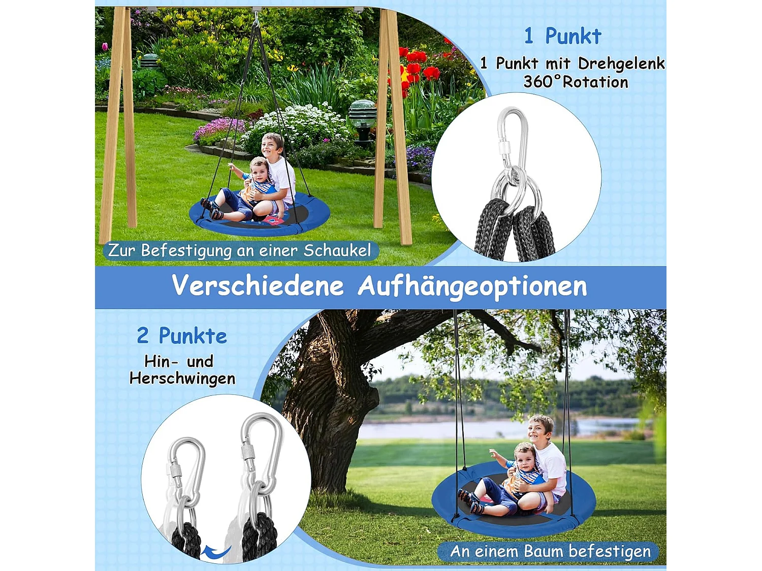 Nestschommel, kinderschommel,boomschommel,hangschommel,ronde schommel voor binnen en buiten, schommel voor kinderen en volwassenen, Ø 100 cm (blauw-raket) ZB33594