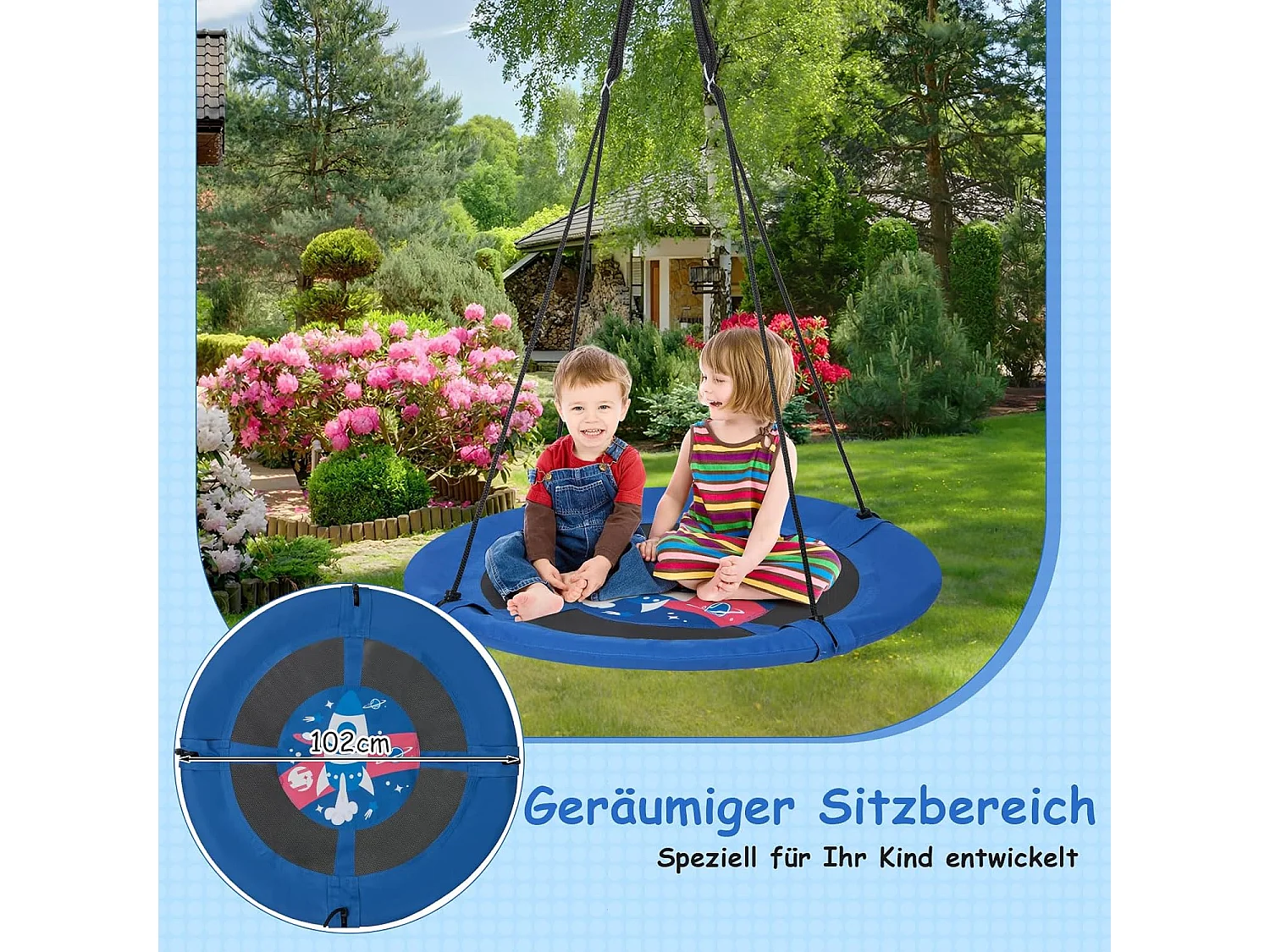 Nestschommel, kinderschommel,boomschommel,hangschommel,ronde schommel voor binnen en buiten, schommel voor kinderen en volwassenen, Ø 100 cm (blauw-raket) ZB33594