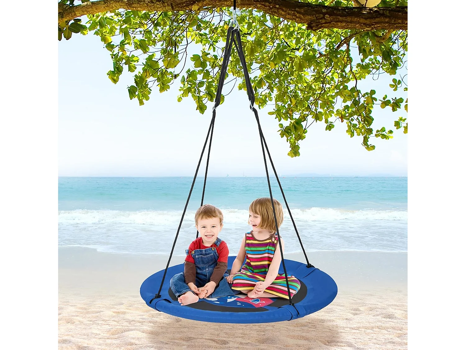 Nestschommel, kinderschommel,boomschommel,hangschommel,ronde schommel voor binnen en buiten, schommel voor kinderen en volwassenen, Ø 100 cm (blauw-raket) ZB33594