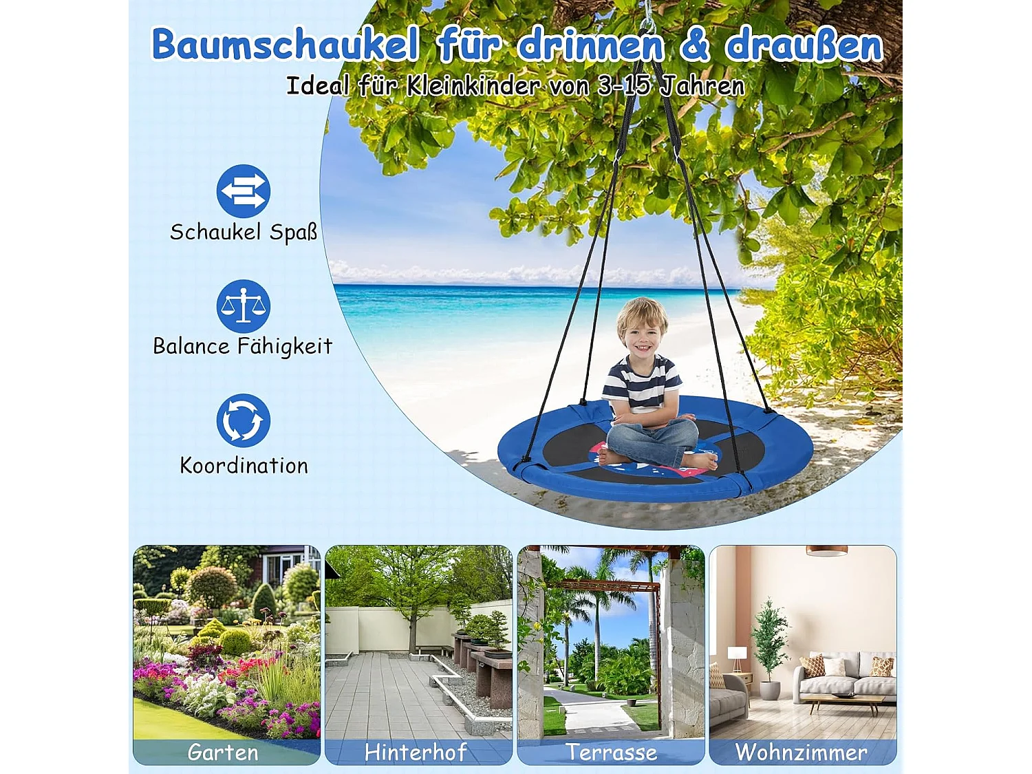 Nestschommel, kinderschommel,boomschommel,hangschommel,ronde schommel voor binnen en buiten, schommel voor kinderen en volwassenen, Ø 100 cm (blauw-raket) ZB33594