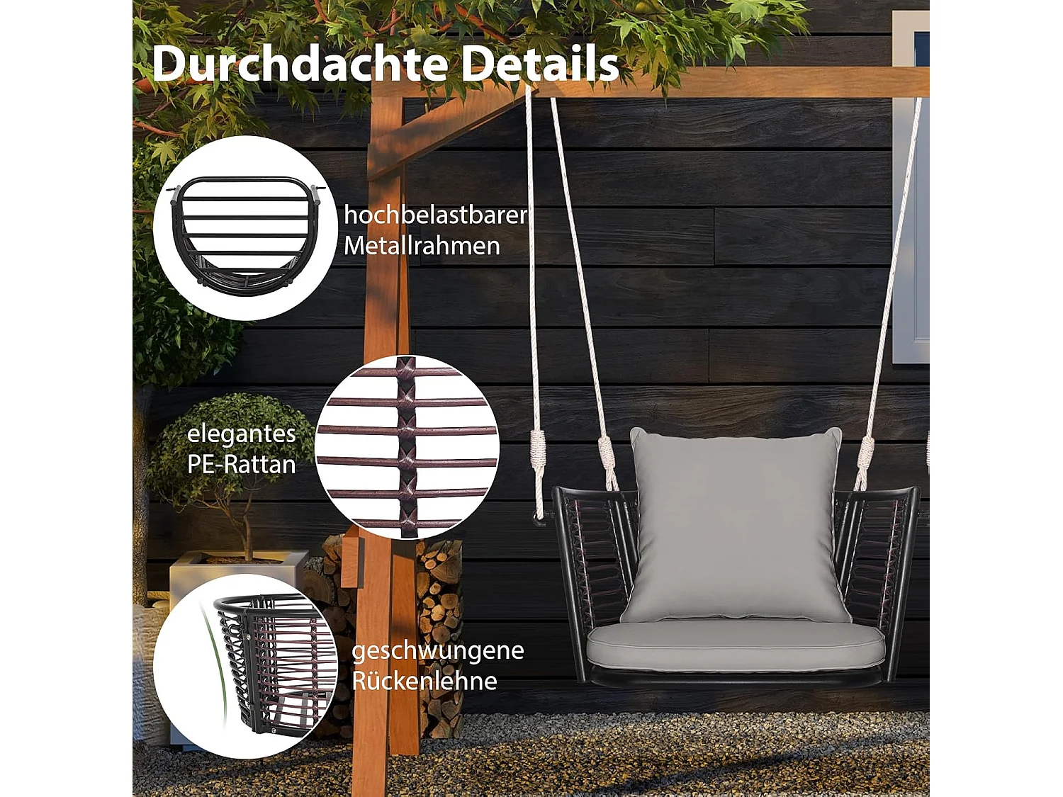 Hangstoel rotan, tot 180 kg belastbaar, hangstoel met kussens, metalen frame en hangtouwen, hangstoel,schommelstoel voor veranda, tuin, achtertuin (grijs)TI93554