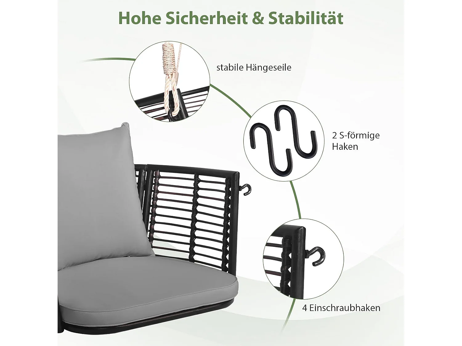 Hangstoel rotan, tot 180 kg belastbaar, hangstoel met kussens, metalen frame en hangtouwen, hangstoel,schommelstoel voor veranda, tuin, achtertuin (grijs)TI93554