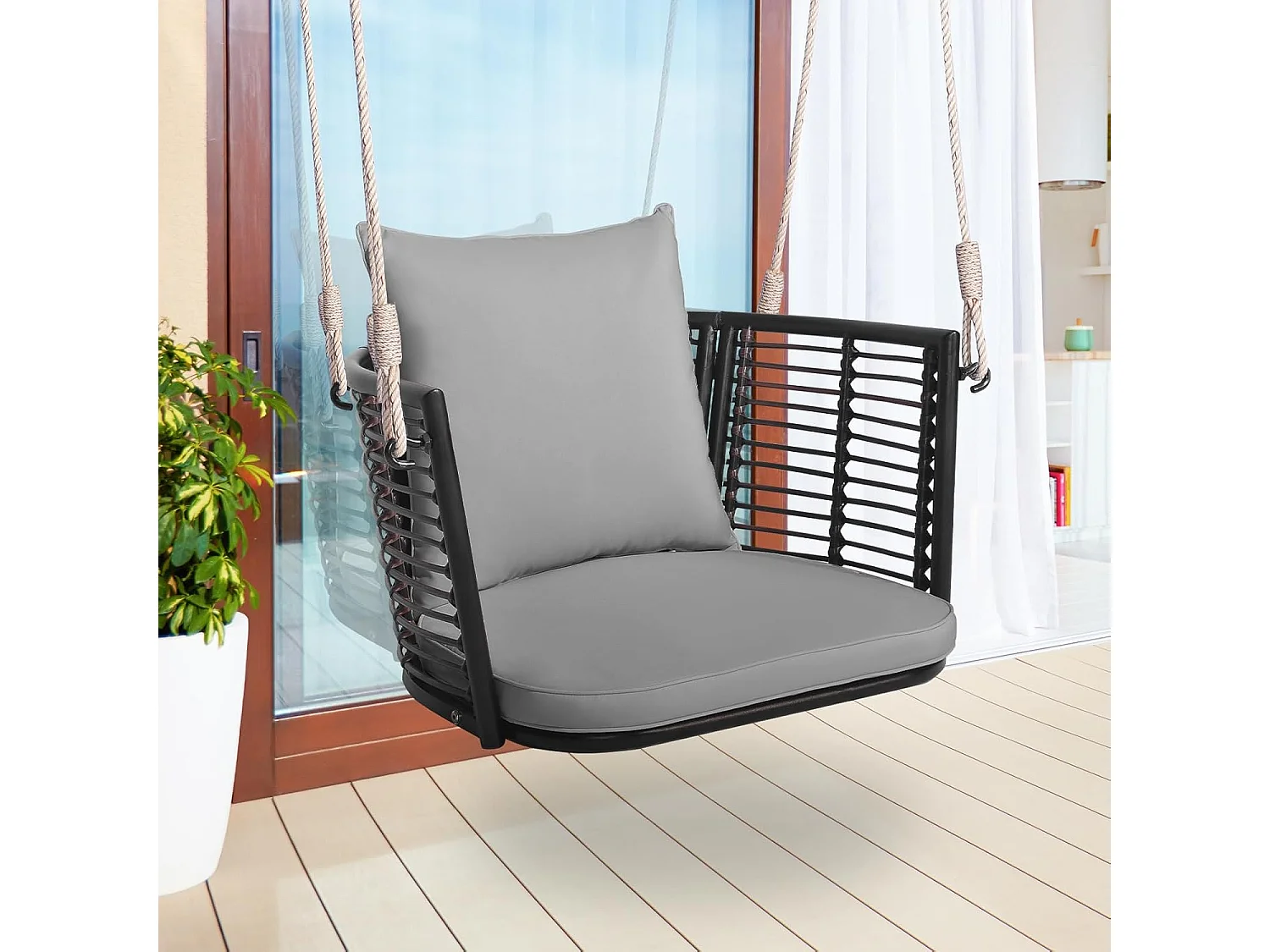Hangstoel rotan, tot 180 kg belastbaar, hangstoel met kussens, metalen frame en hangtouwen, hangstoel,schommelstoel voor veranda, tuin, achtertuin (grijs)TI93554