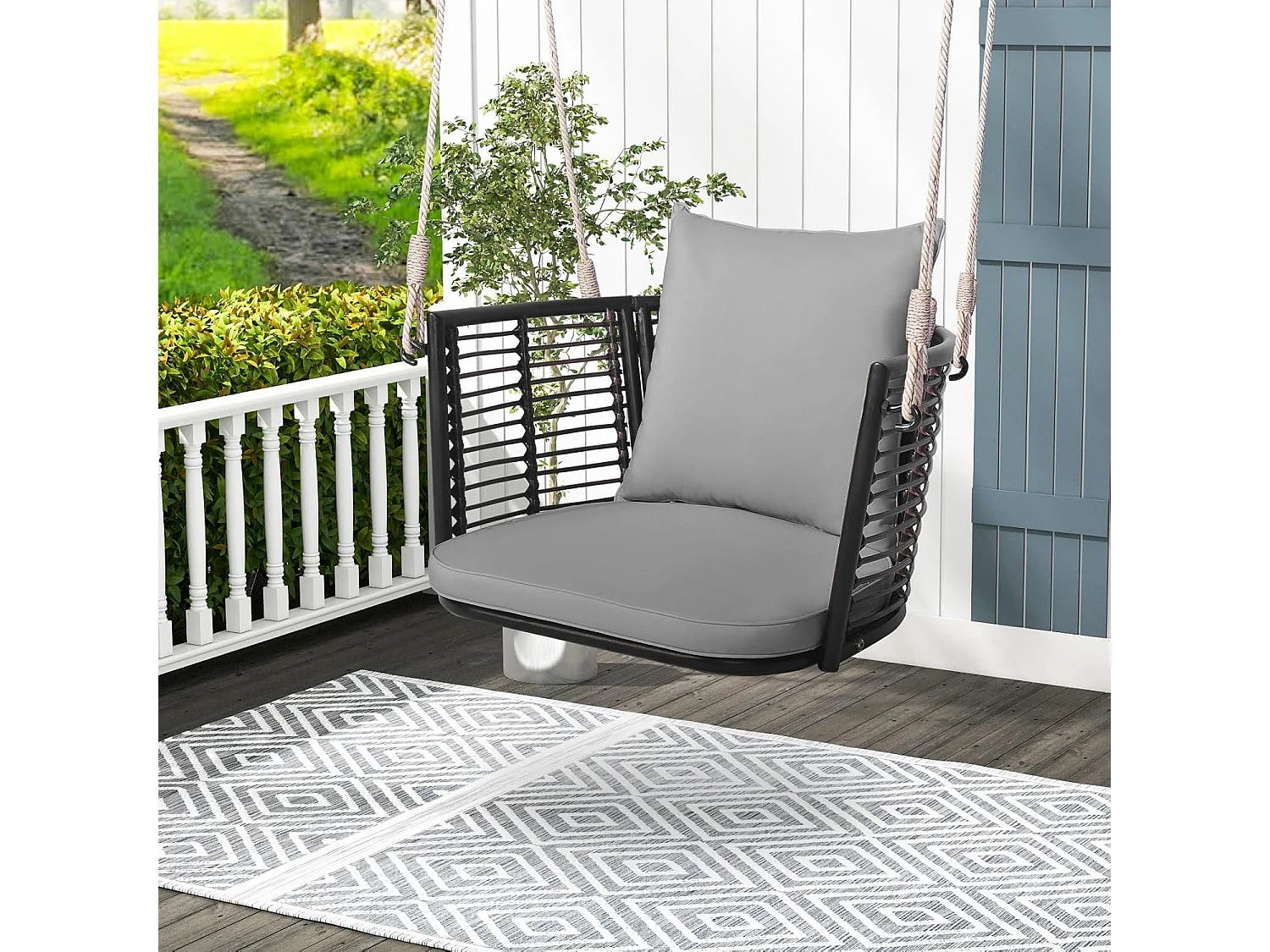 Hangstoel rotan, tot 180 kg belastbaar, hangstoel met kussens, metalen frame en hangtouwen, hangstoel,schommelstoel voor veranda, tuin, achtertuin (grijs)TI93554