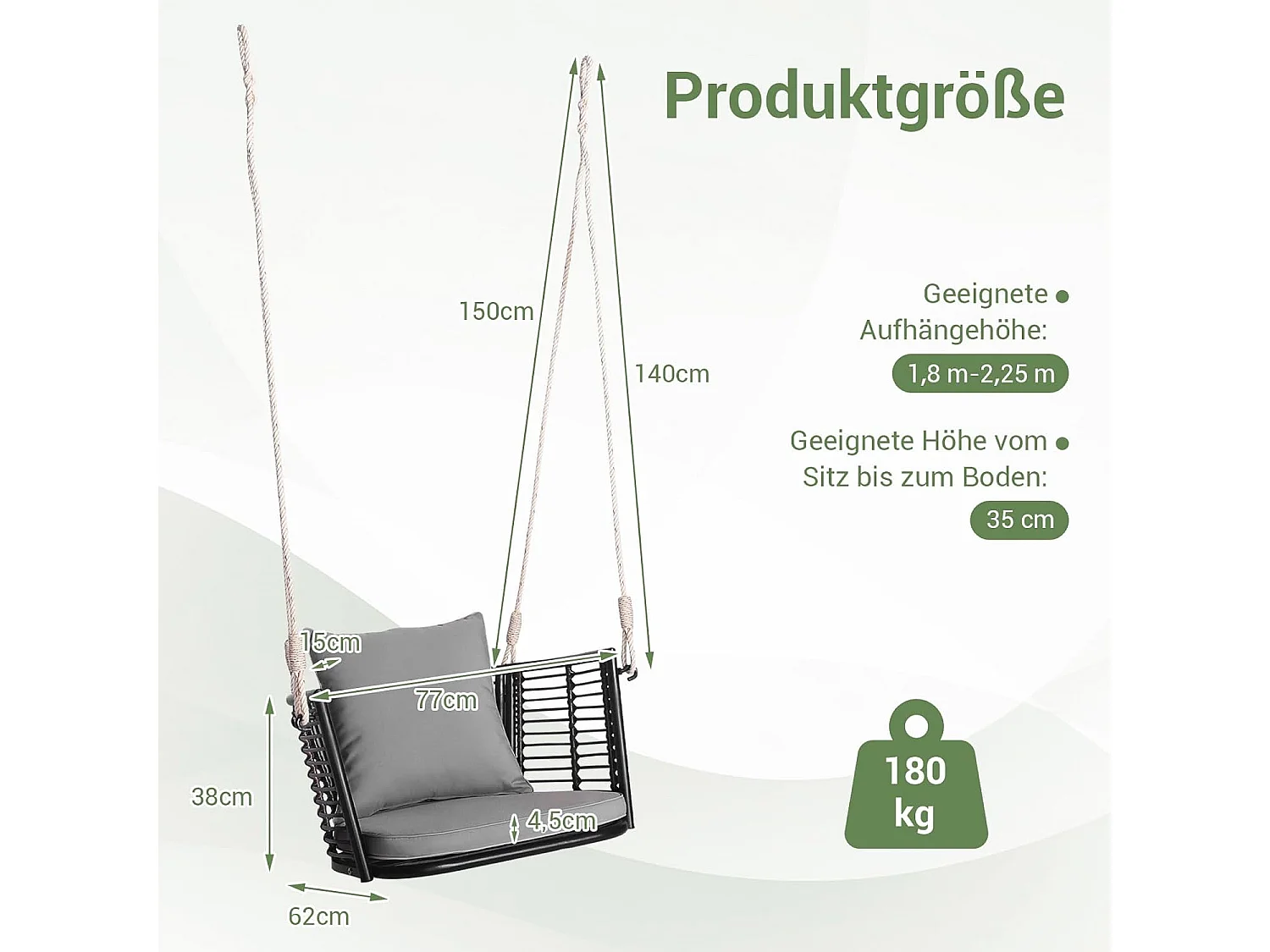 Hangstoel rotan, tot 180 kg belastbaar, hangstoel met kussens, metalen frame en hangtouwen, hangstoel,schommelstoel voor veranda, tuin, achtertuin (grijs)TI93554
