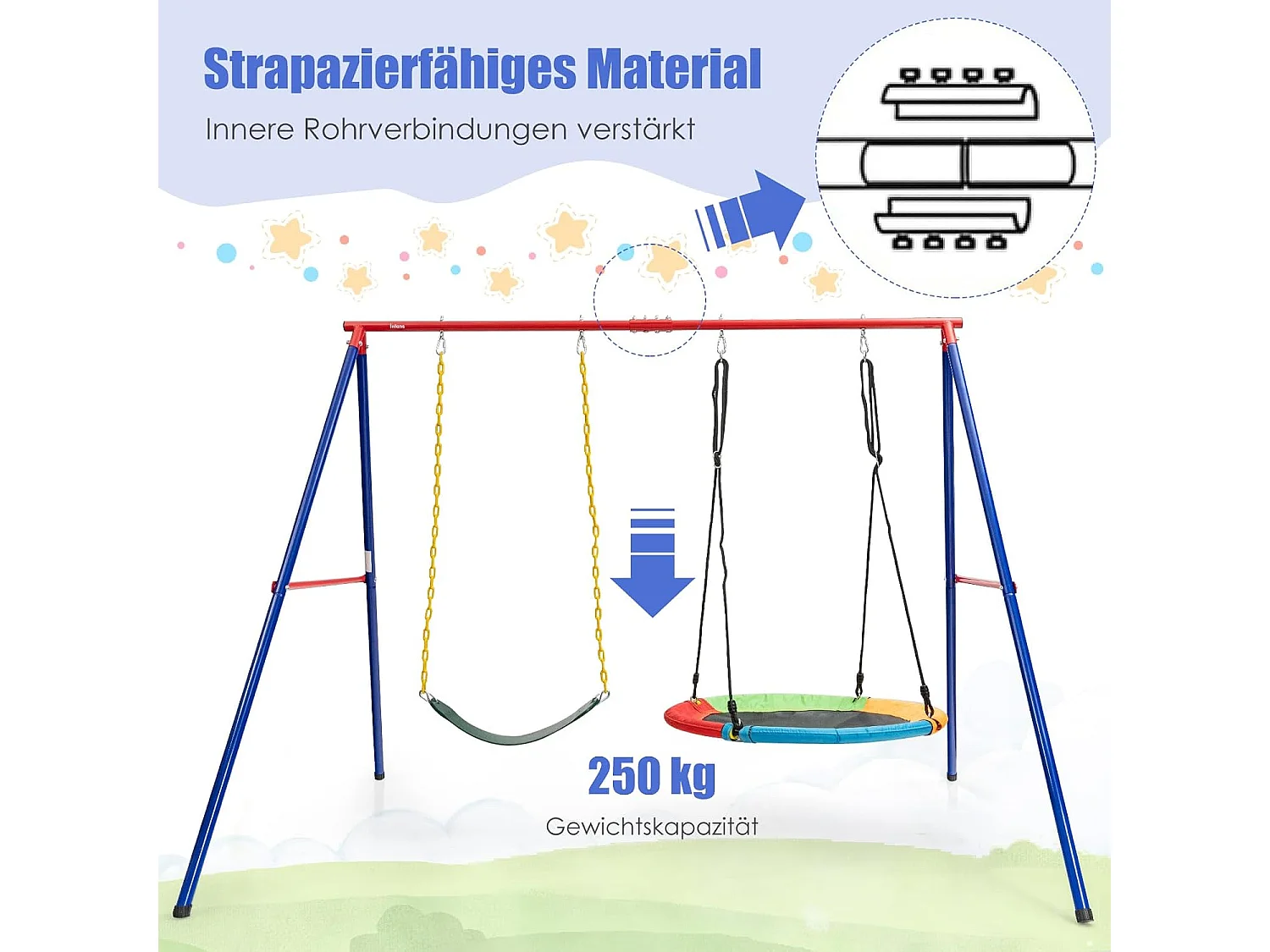 Schommelframe van metaal, belastbaar tot 250 kg, schommelframe met grondanker, voor nestschommel, kinderschommel, dubbele schommel (alleen frame) ZB32788-3