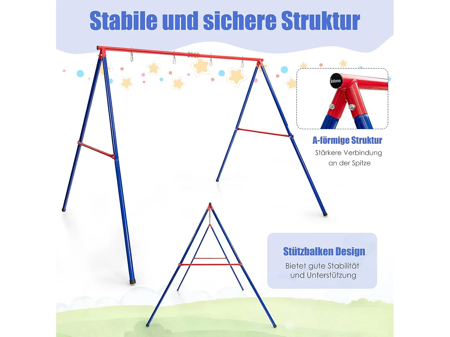 Schommelframe van metaal, belastbaar tot 250 kg, schommelframe met grondanker, voor nestschommel, kinderschommel, dubbele schommel (alleen frame) ZB32788-3