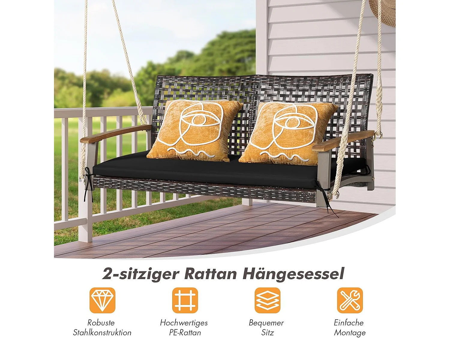 Schommelbank, 2-zits, PE-rotan met kussen, tuinschommel om op te hangen, tot 360 kg, schommelbank met armleuningen van acaciahout,veranda (zwart)TI81986