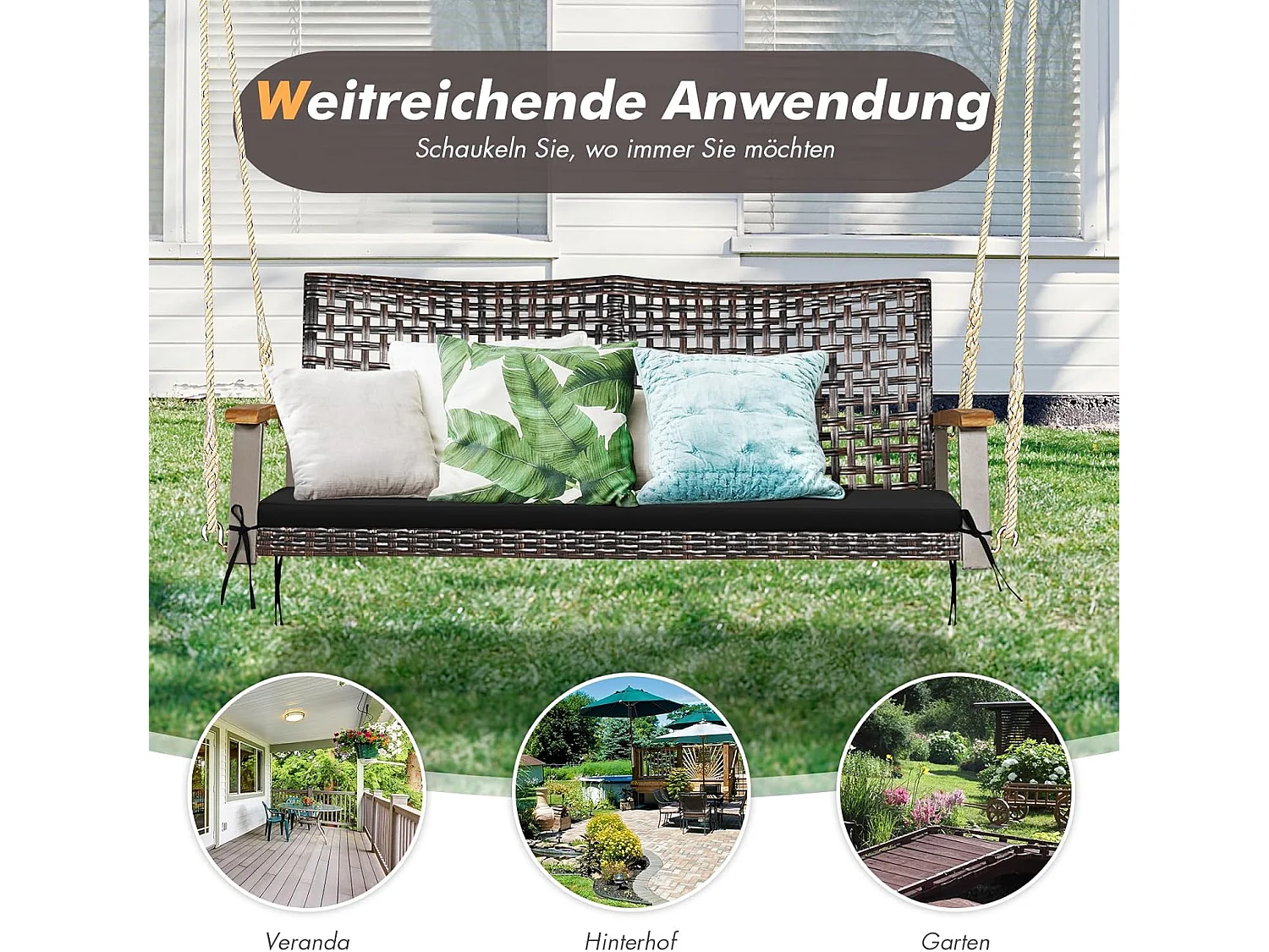 Schommelbank, 2-zits, PE-rotan met kussen, tuinschommel om op te hangen, tot 360 kg, schommelbank met armleuningen van acaciahout,veranda (zwart)TI81986