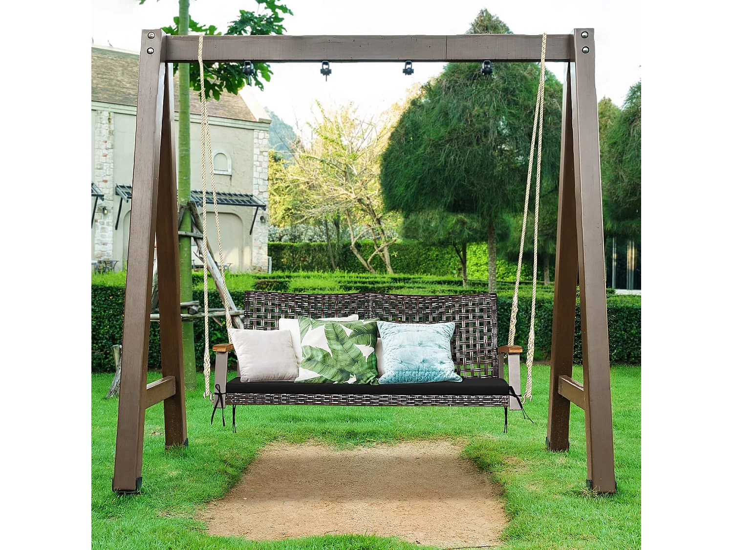 Schommelbank, 2-zits, PE-rotan met kussen, tuinschommel om op te hangen, tot 360 kg, schommelbank met armleuningen van acaciahout,veranda (zwart)TI81986