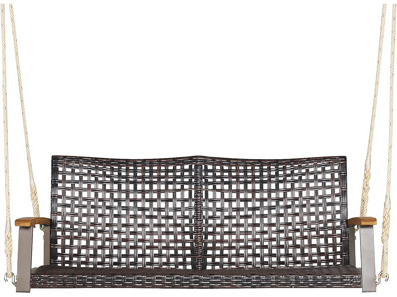 Schommelbank, 2-zits, PE-rotan met kussen, tuinschommel om op te hangen, tot 360 kg, schommelbank met armleuningen van acaciahout,veranda (zwart)TI81986