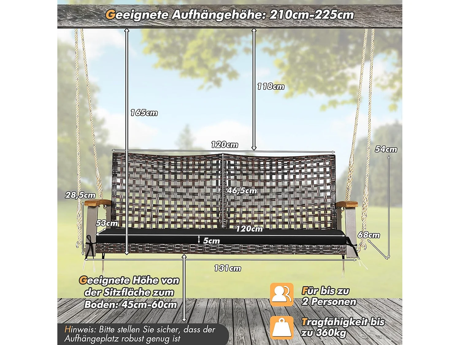Schommelbank, 2-zits, PE-rotan met kussen, tuinschommel om op te hangen, tot 360 kg, schommelbank met armleuningen van acaciahout,veranda (zwart)TI81986