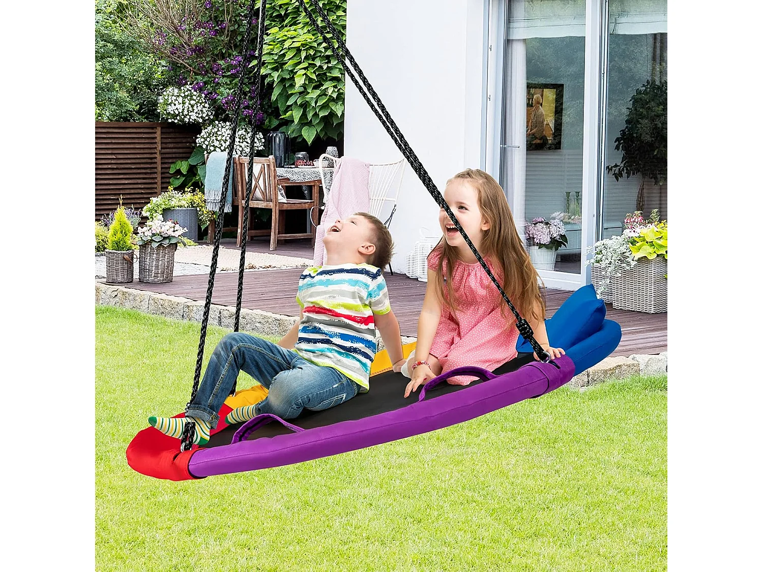 Nestschommel met kussens en handgrepen, kinderschommel met 100-180 cm in hoogte verstelbaar touw, boomschommel,voor kinderen en volwassenen, voor binnen en ZB33882