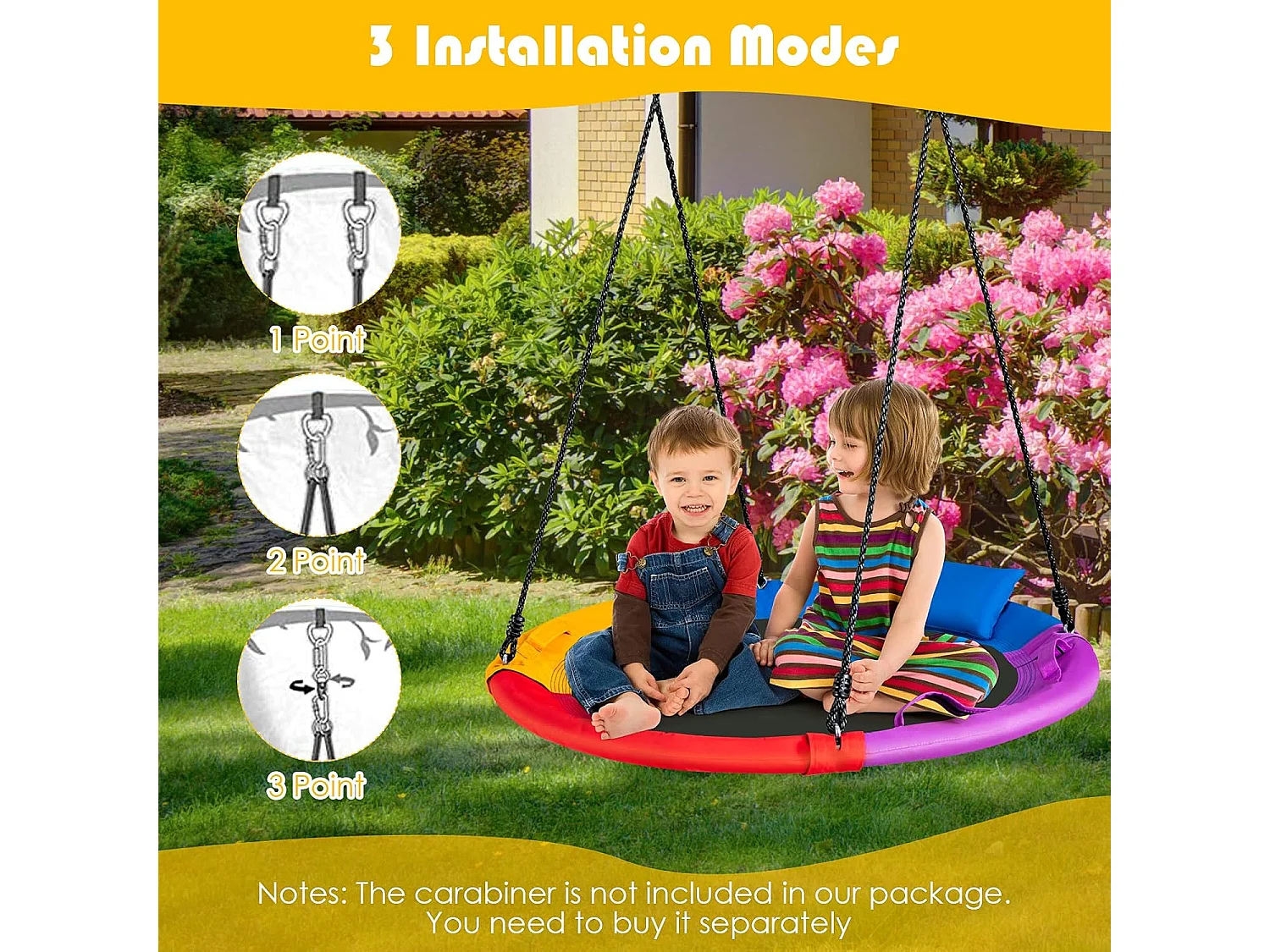 Nestschommel met kussens en handgrepen, kinderschommel met 100-180 cm in hoogte verstelbaar touw, boomschommel,voor kinderen en volwassenen, voor binnen en ZB33882