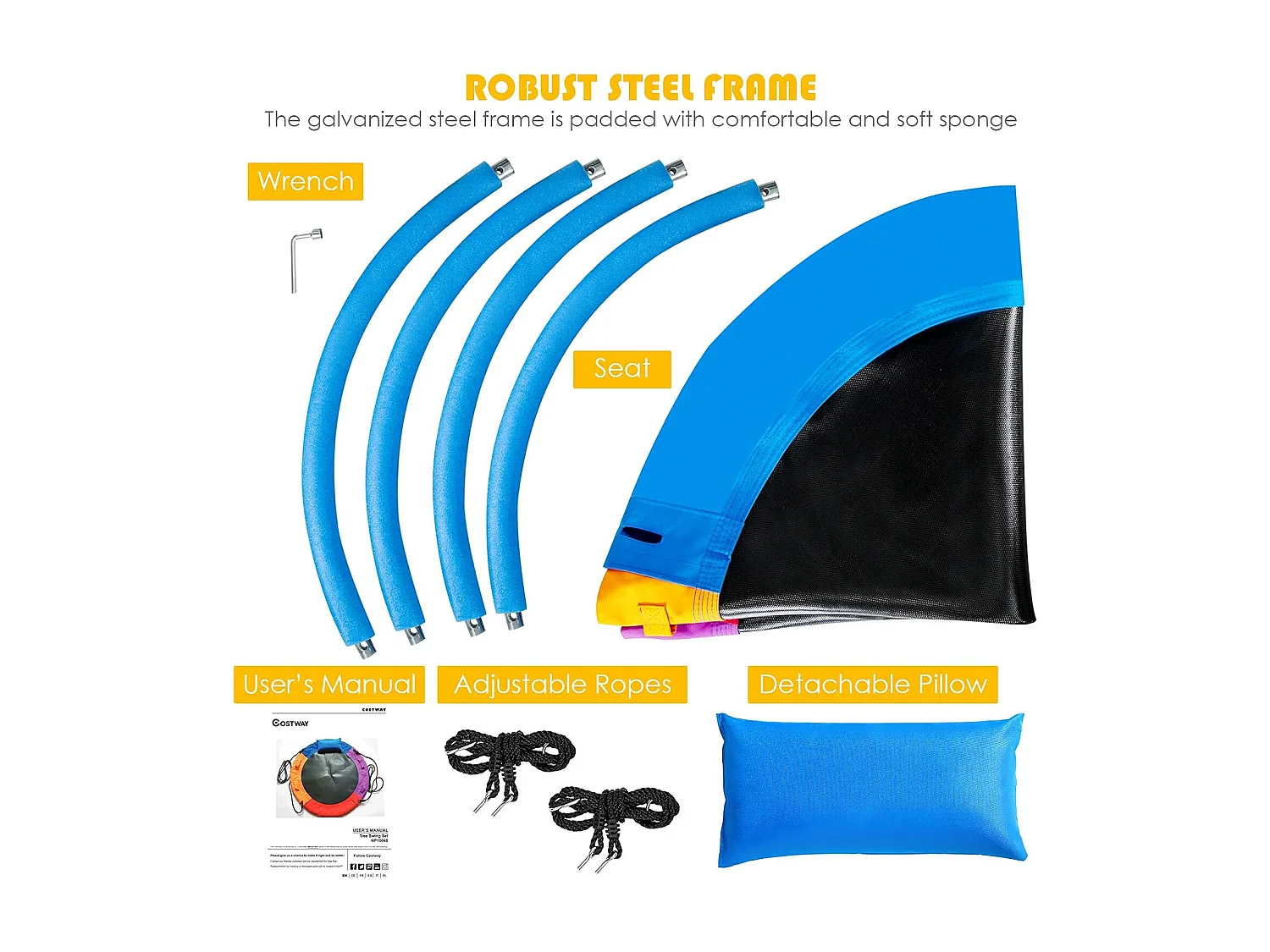 Nestschommel met kussens en handgrepen, kinderschommel met 100-180 cm in hoogte verstelbaar touw, boomschommel,voor kinderen en volwassenen, voor binnen en ZB33882