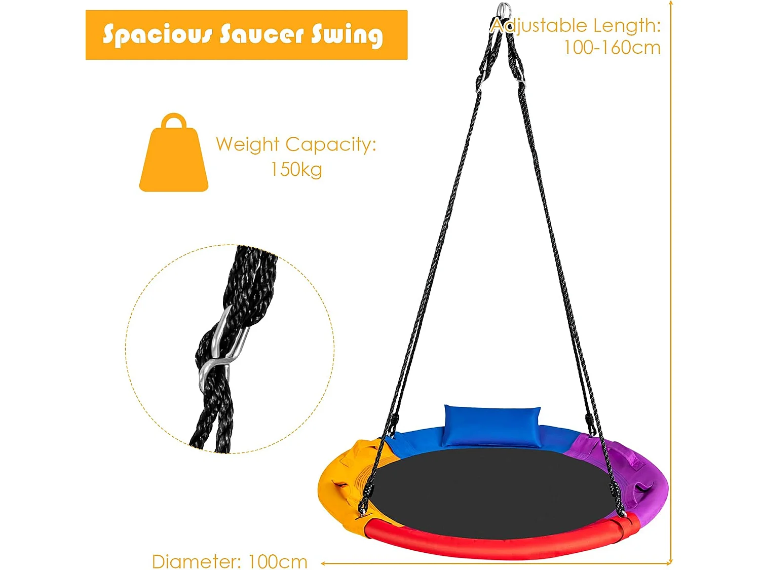 Nestschommel met kussens en handgrepen, kinderschommel met 100-180 cm in hoogte verstelbaar touw, boomschommel,voor kinderen en volwassenen, voor binnen en ZB33882