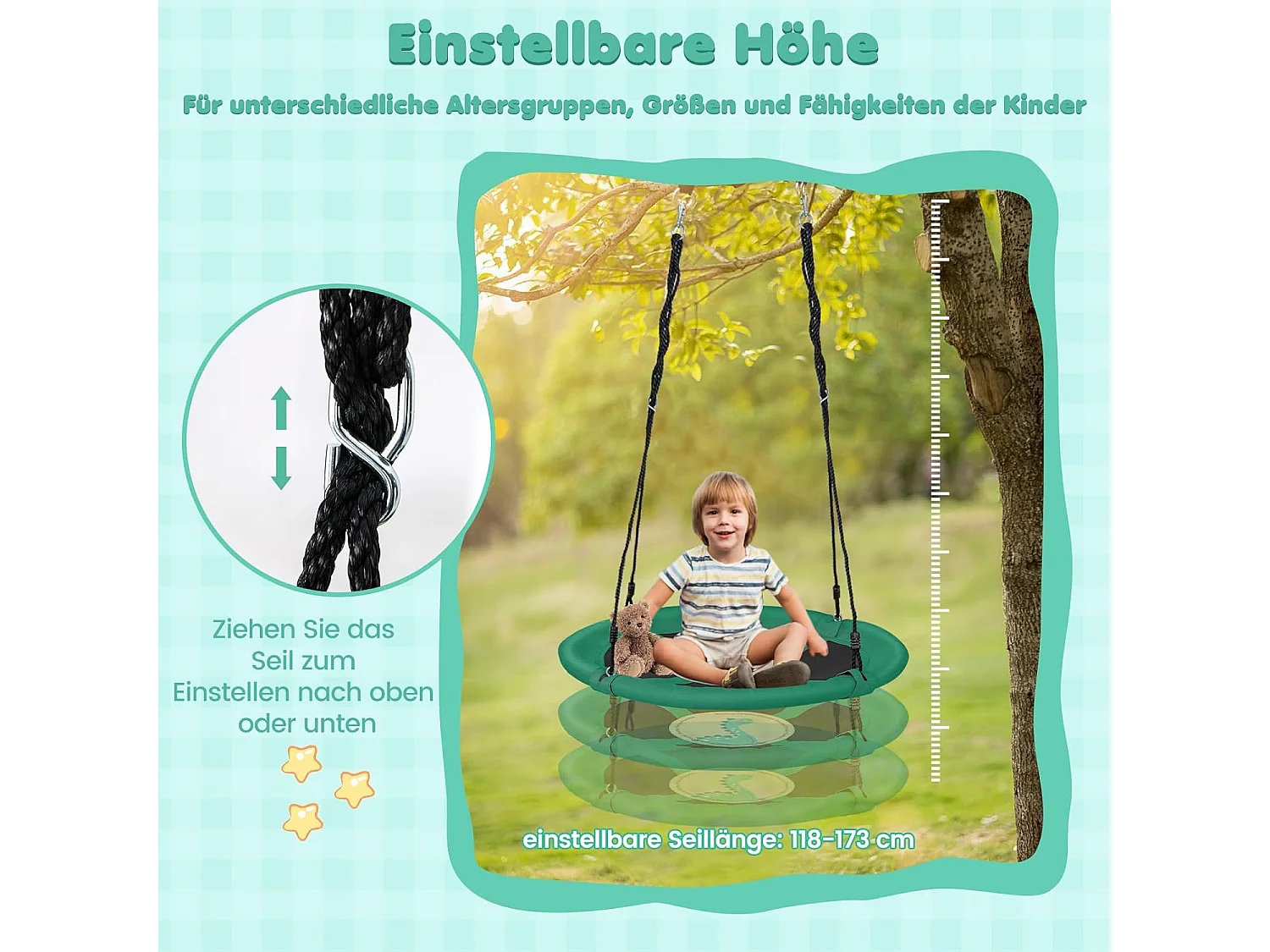 Nestschommel, kinderschommel, boomschommel, hangschommel, ronde schommel voor binnen en buiten, schommel voor kinderen en volwassenen, Ø 100 cm (groen) ZB33492