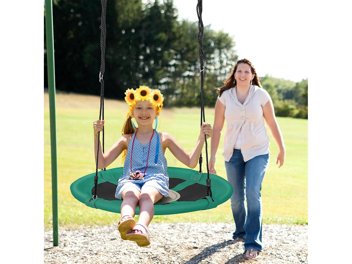 Nestschommel, kinderschommel, boomschommel, hangschommel, ronde schommel voor binnen en buiten, schommel voor kinderen en volwassenen, Ø 100 cm (groen) ZB33492