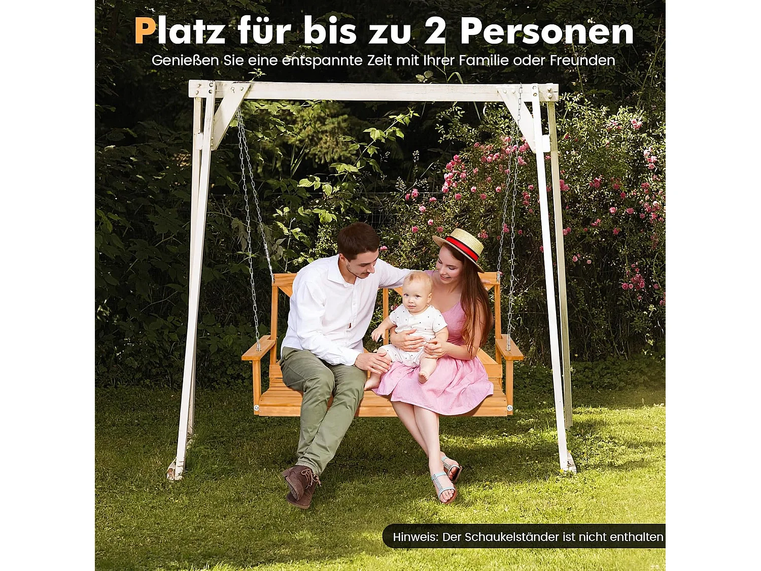 Hangbank van massief hout, 2-zits tuinschommel om op te hangen schommelbank,outdoor schommelbank voor terras, tuin, binnenplaats, 134 x 60 x 65 cm, naturel ZB32183