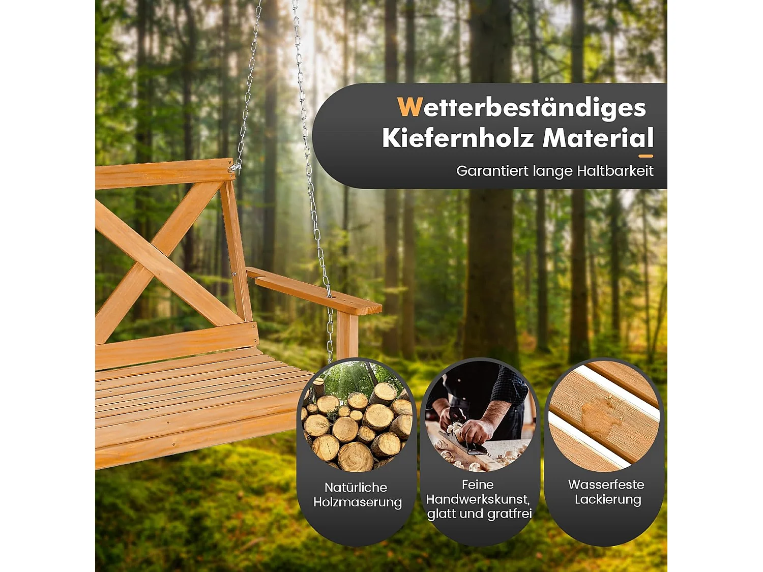 Hangbank van massief hout, 2-zits tuinschommel om op te hangen schommelbank,outdoor schommelbank voor terras, tuin, binnenplaats, 134 x 60 x 65 cm, naturel ZB32183