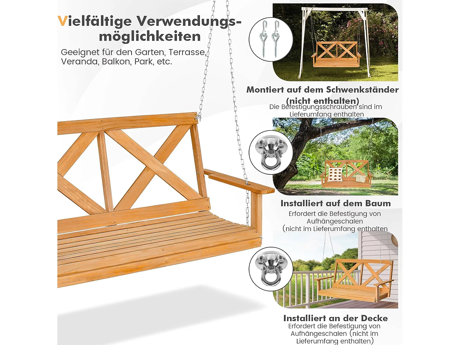 Hangbank van massief hout, 2-zits tuinschommel om op te hangen schommelbank,outdoor schommelbank voor terras, tuin, binnenplaats, 134 x 60 x 65 cm, naturel ZB32183