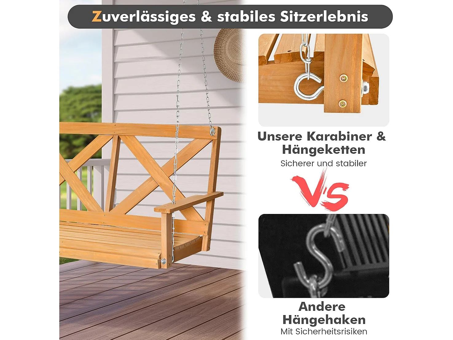 Hangbank van massief hout, 2-zits tuinschommel om op te hangen schommelbank,outdoor schommelbank voor terras, tuin, binnenplaats, 134 x 60 x 65 cm, naturel ZB32183