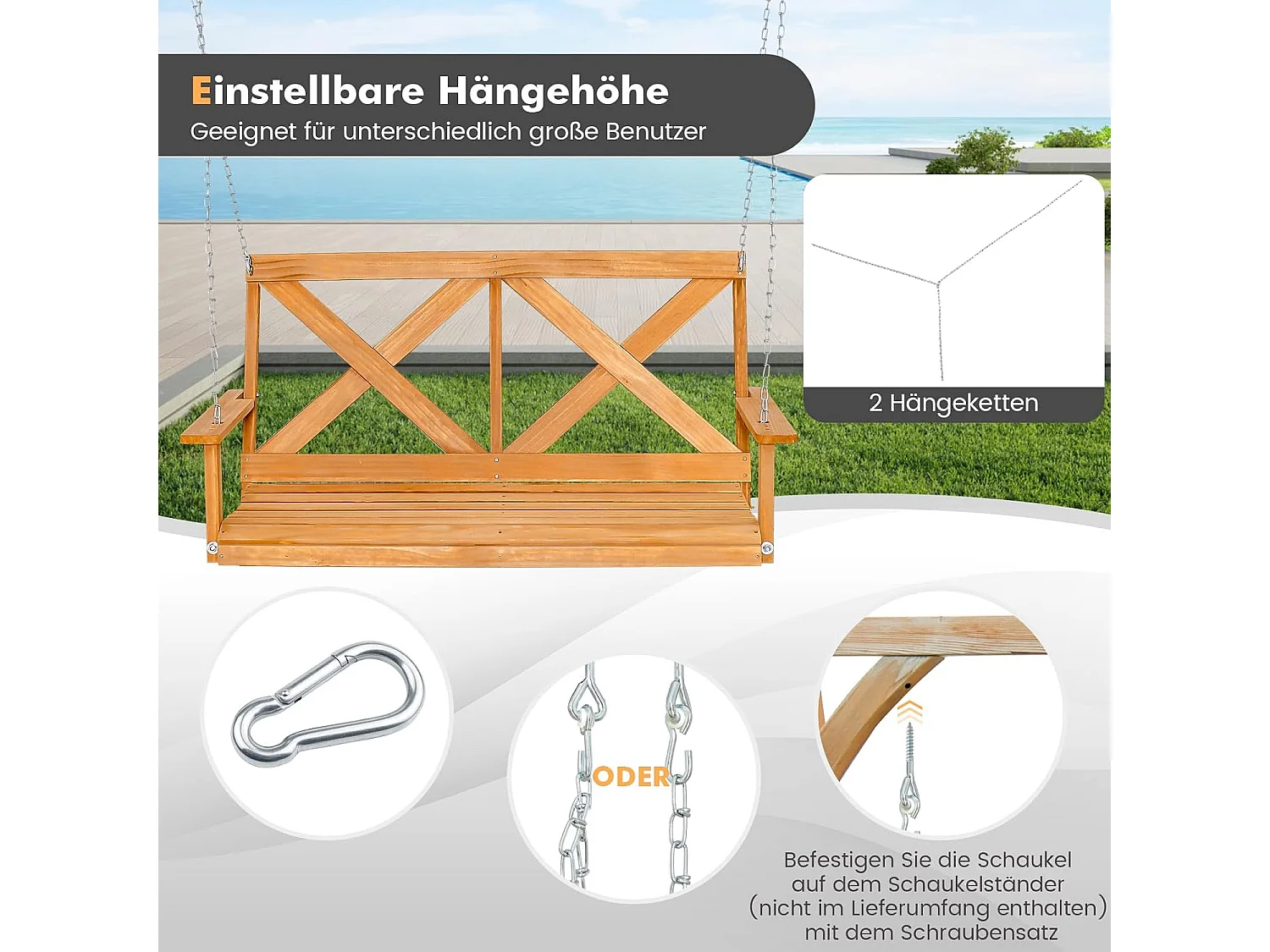 Hangbank van massief hout, 2-zits tuinschommel om op te hangen schommelbank,outdoor schommelbank voor terras, tuin, binnenplaats, 134 x 60 x 65 cm, naturel ZB32183