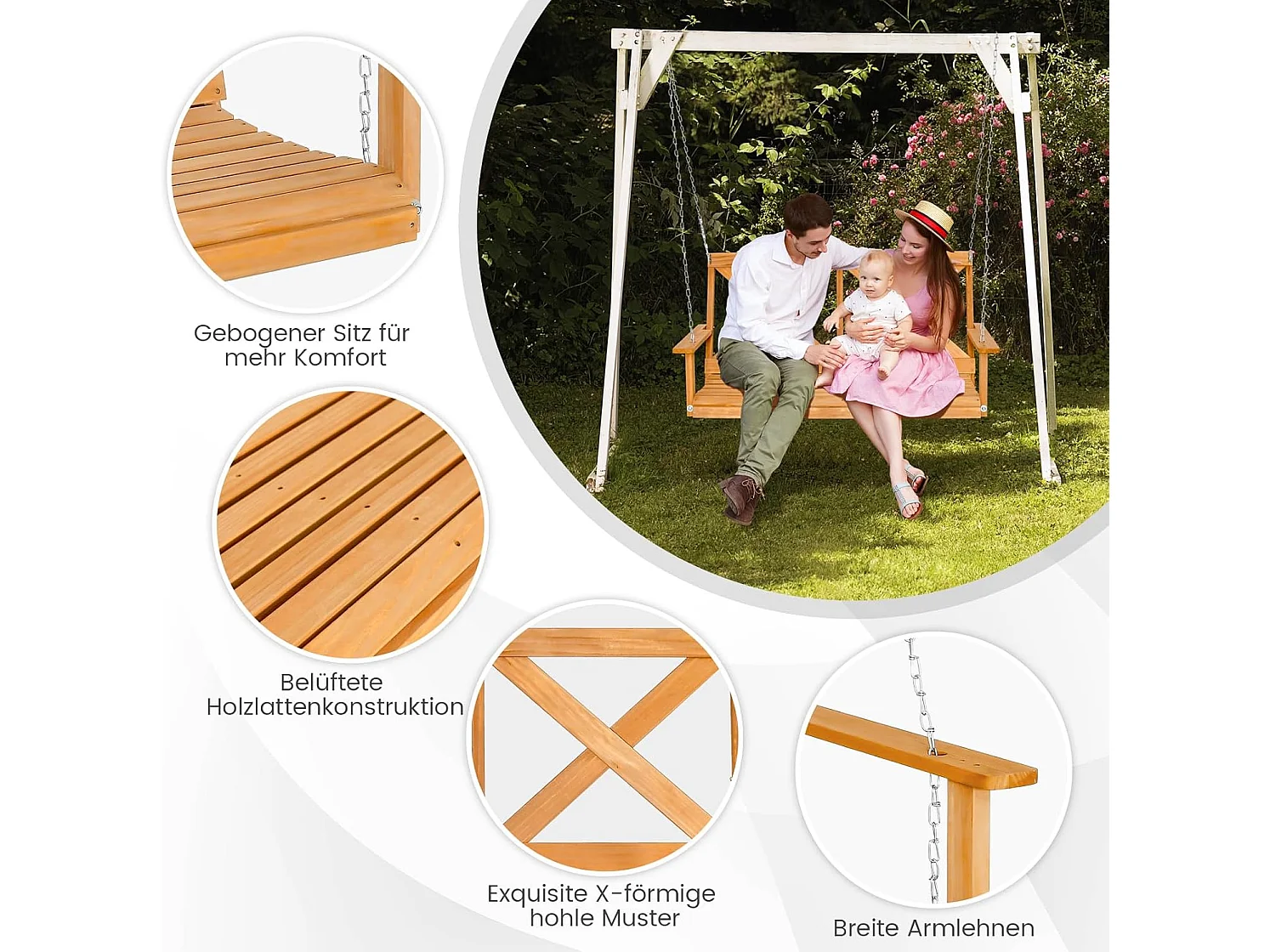 Hangbank van massief hout, 2-zits tuinschommel om op te hangen schommelbank,outdoor schommelbank voor terras, tuin, binnenplaats, 134 x 60 x 65 cm, naturel ZB32183