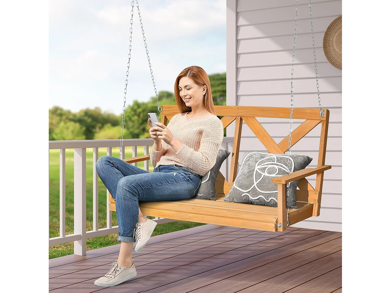 Hangbank van massief hout, 2-zits tuinschommel om op te hangen schommelbank,outdoor schommelbank voor terras, tuin, binnenplaats, 134 x 60 x 65 cm, naturel ZB32183