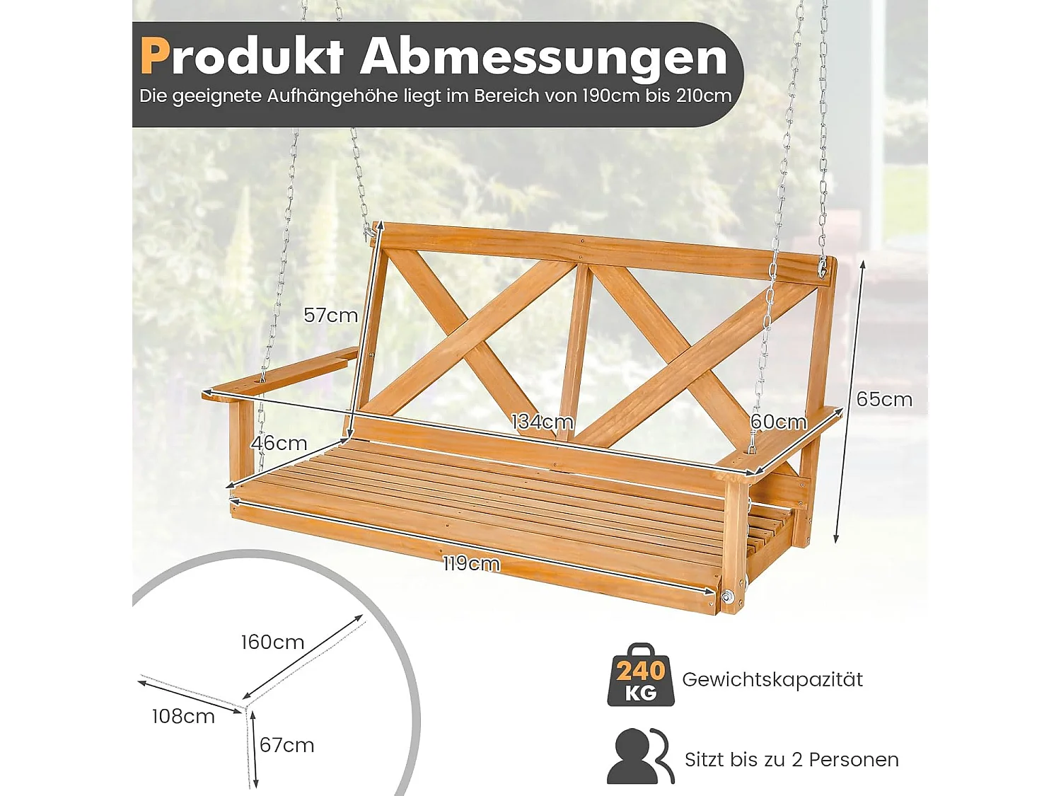 Hangbank van massief hout, 2-zits tuinschommel om op te hangen schommelbank,outdoor schommelbank voor terras, tuin, binnenplaats, 134 x 60 x 65 cm, naturel ZB32183