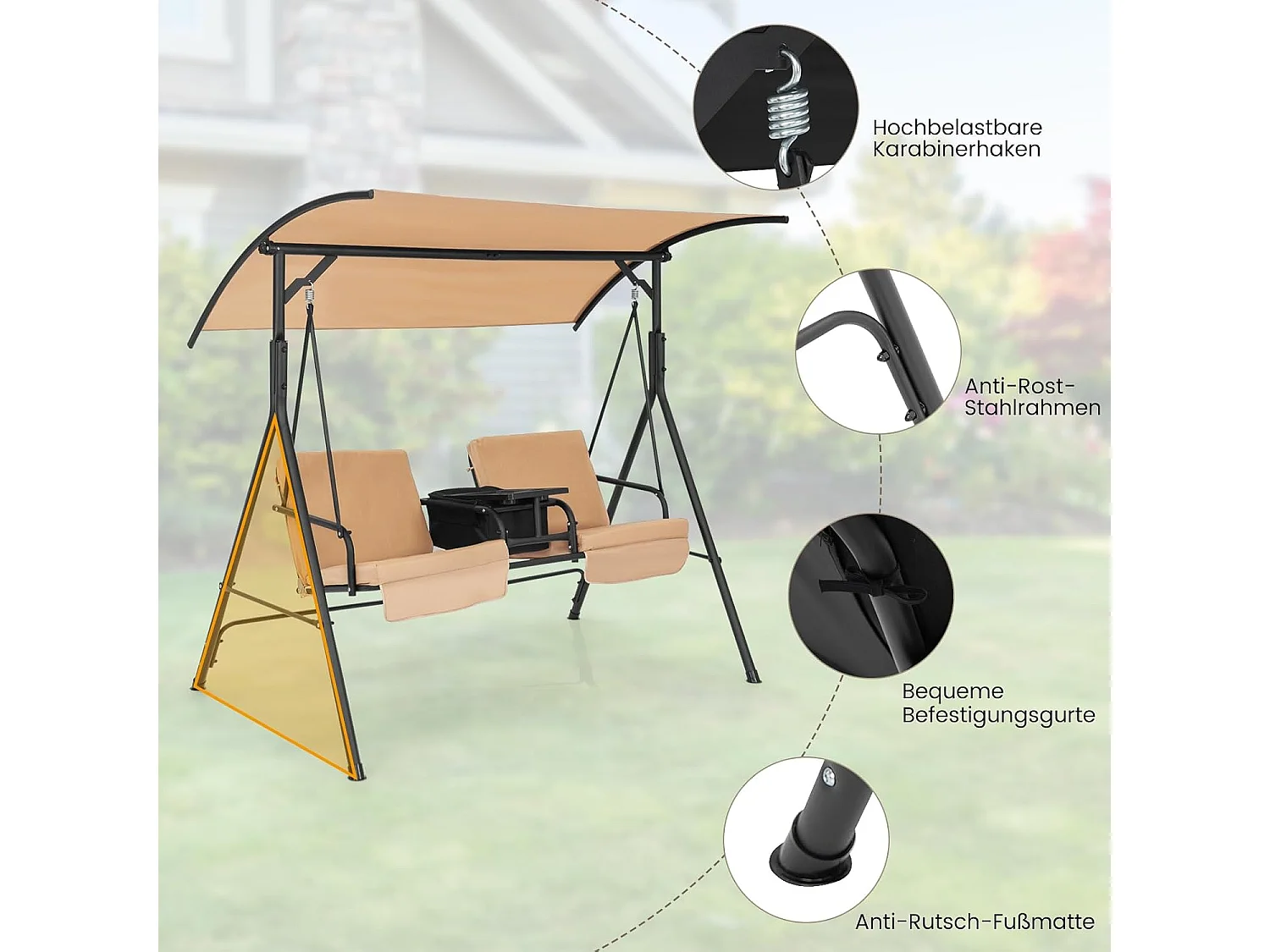 Schommelbank met koeltas, draaibaar dienblad en afneembaar kussen, 2-zits tuinschommel, schommelbank voor tuin, terras en achtertuin (bruin) ZB32615
