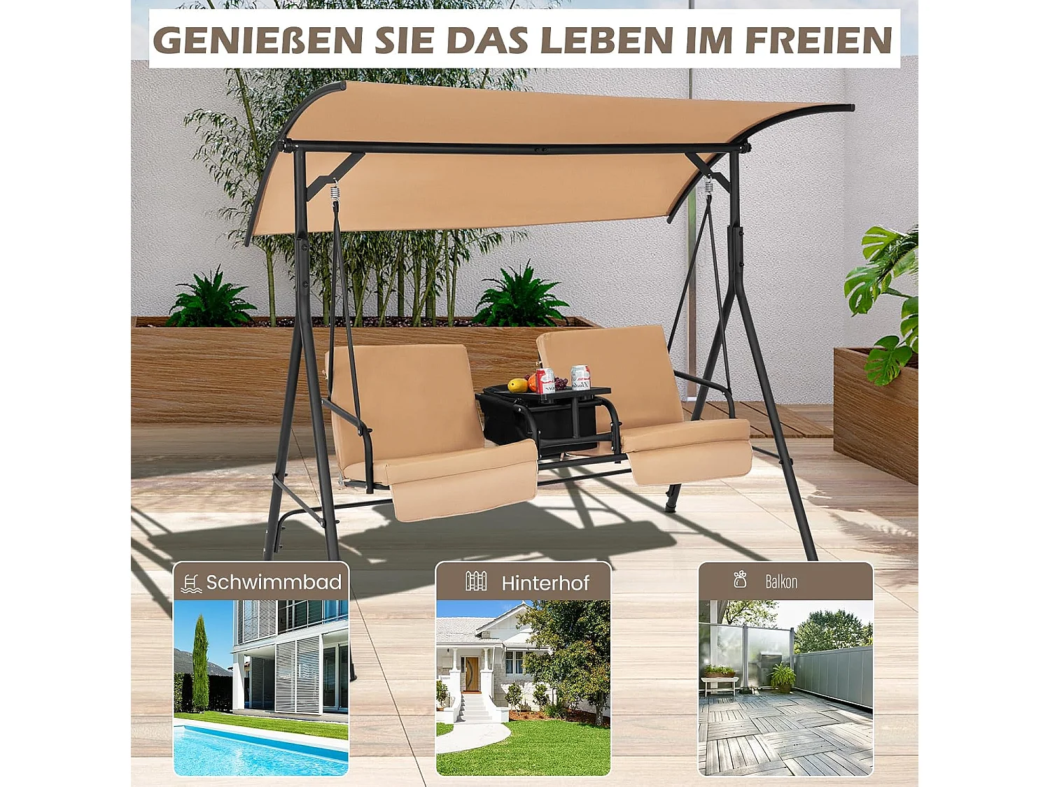 Schommelbank met koeltas, draaibaar dienblad en afneembaar kussen, 2-zits tuinschommel, schommelbank voor tuin, terras en achtertuin (bruin) ZB32615