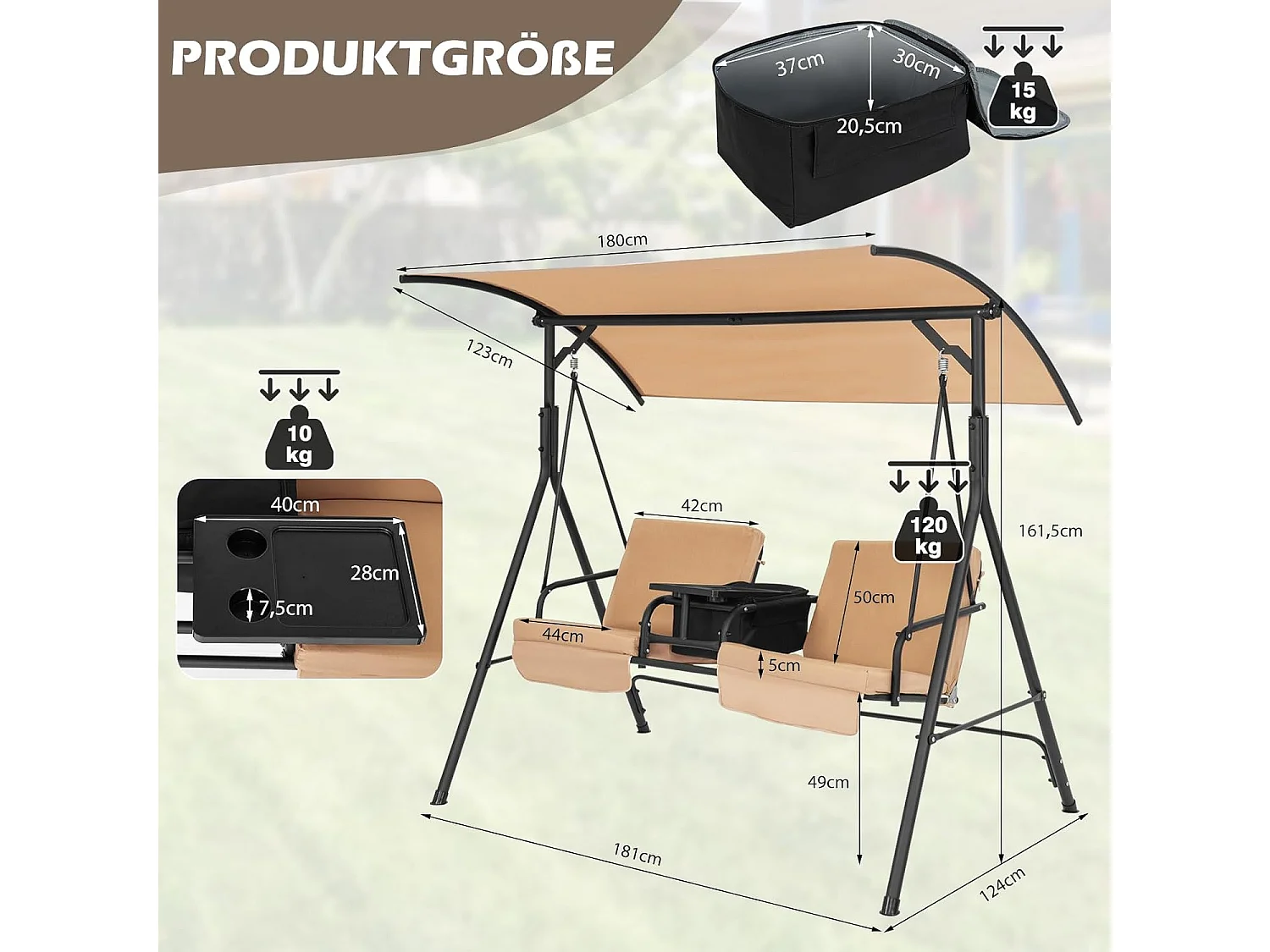 Schommelbank met koeltas, draaibaar dienblad en afneembaar kussen, 2-zits tuinschommel, schommelbank voor tuin, terras en achtertuin (bruin) ZB32615
