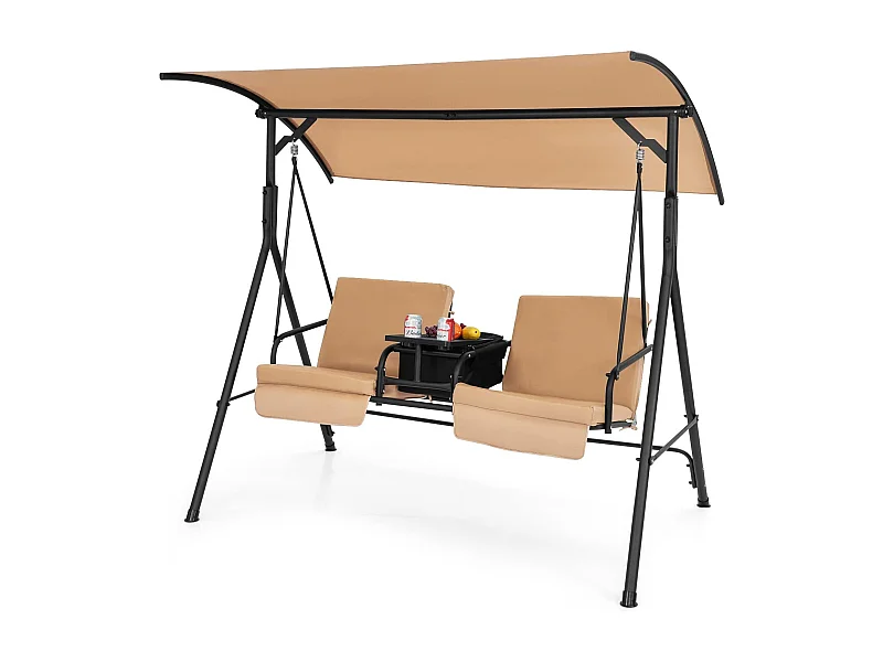 Schommelbank met koeltas, draaibaar dienblad en afneembaar kussen, 2-zits tuinschommel, schommelbank voor tuin, terras en achtertuin (bruin) ZB32615