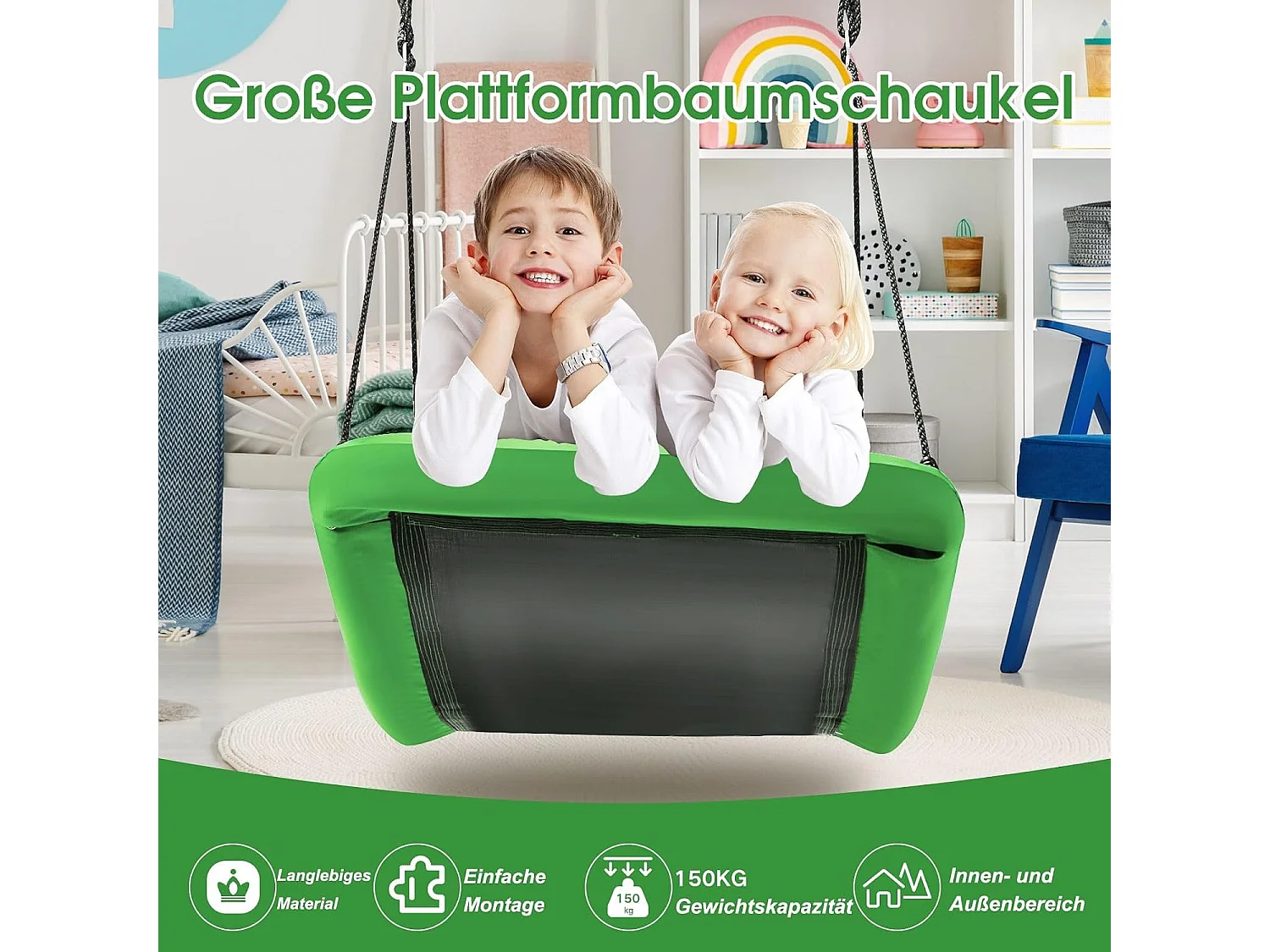 Nestschommel, gekromd tot 150 kg belastbaar, 120-180 cm verstelbaar touw, hangschommel, boomschommel, meerkindschommel,voor kinderen en volwassenen (groen) ZB33884