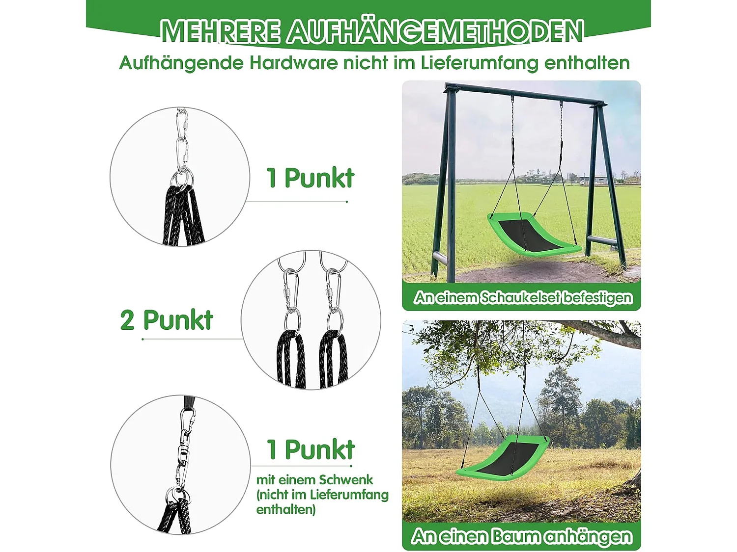 Nestschommel, gekromd tot 150 kg belastbaar, 120-180 cm verstelbaar touw, hangschommel, boomschommel, meerkindschommel,voor kinderen en volwassenen (groen) ZB33884