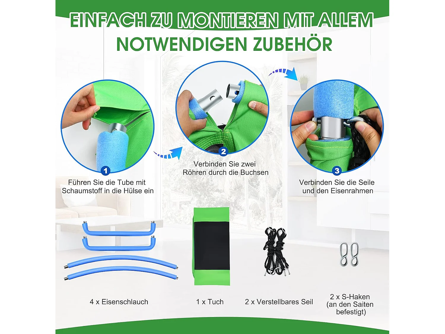Nestschommel, gekromd tot 150 kg belastbaar, 120-180 cm verstelbaar touw, hangschommel, boomschommel, meerkindschommel,voor kinderen en volwassenen (groen) ZB33884