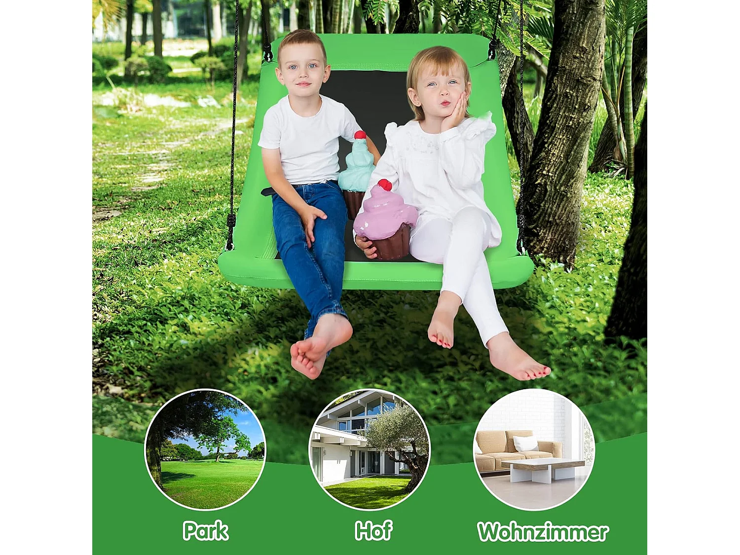 Nestschommel, gekromd tot 150 kg belastbaar, 120-180 cm verstelbaar touw, hangschommel, boomschommel, meerkindschommel,voor kinderen en volwassenen (groen) ZB33884