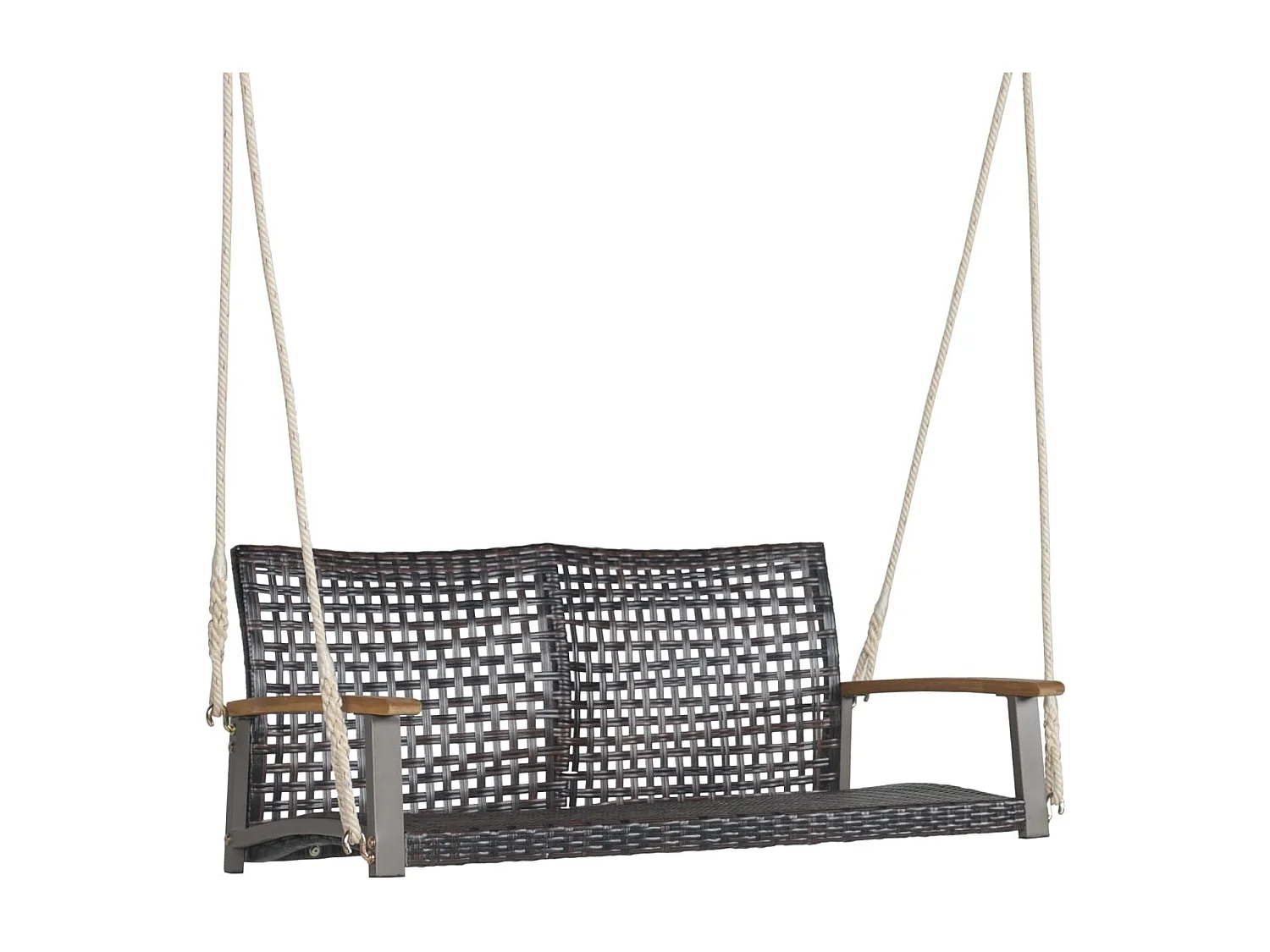 Schommelbank, 2-zits, PE-rotan, tuinschommel om op te hangen, schommelbank met armleuningen van acaciahout, 360 kg belastbaarheid,tuin en balkon