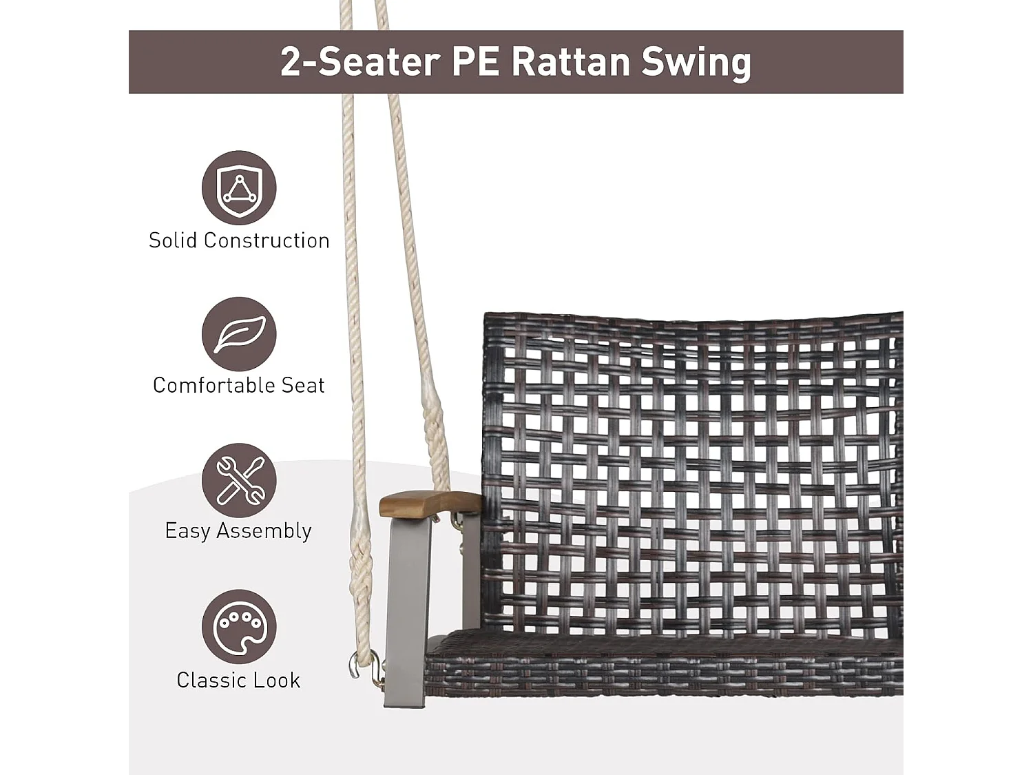 Schommelbank, 2-zits, PE-rotan, tuinschommel om op te hangen, schommelbank met armleuningen van acaciahout, 360 kg belastbaarheid,tuin en balkon