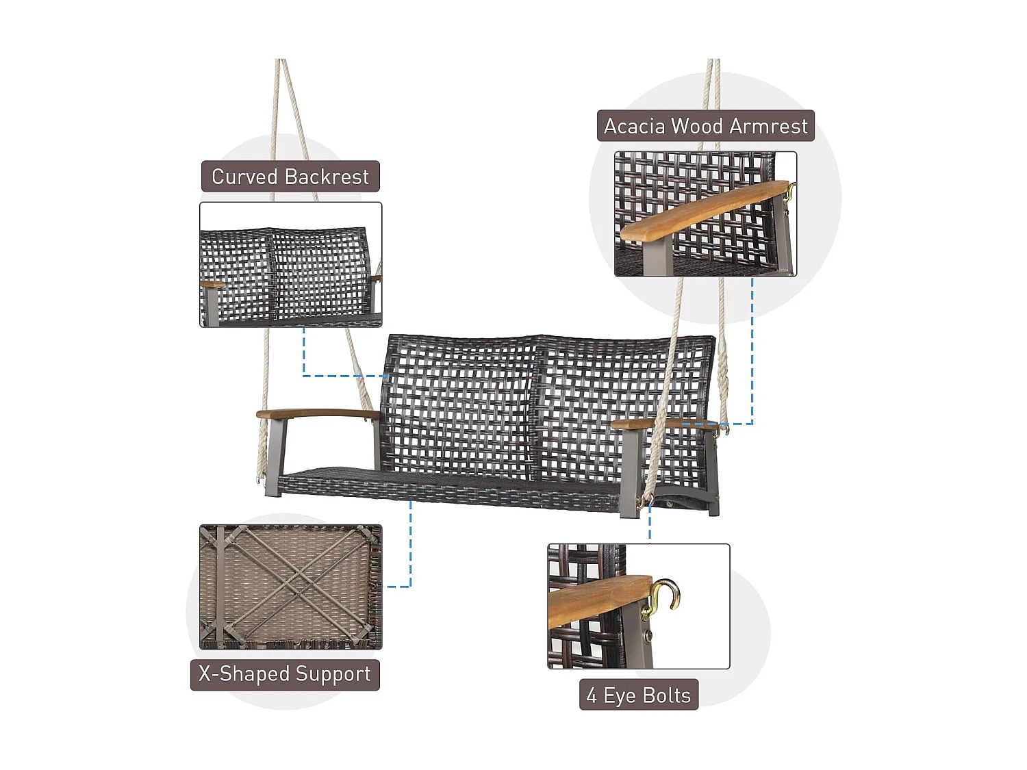 Schommelbank, 2-zits, PE-rotan, tuinschommel om op te hangen, schommelbank met armleuningen van acaciahout, 360 kg belastbaarheid,tuin en balkon