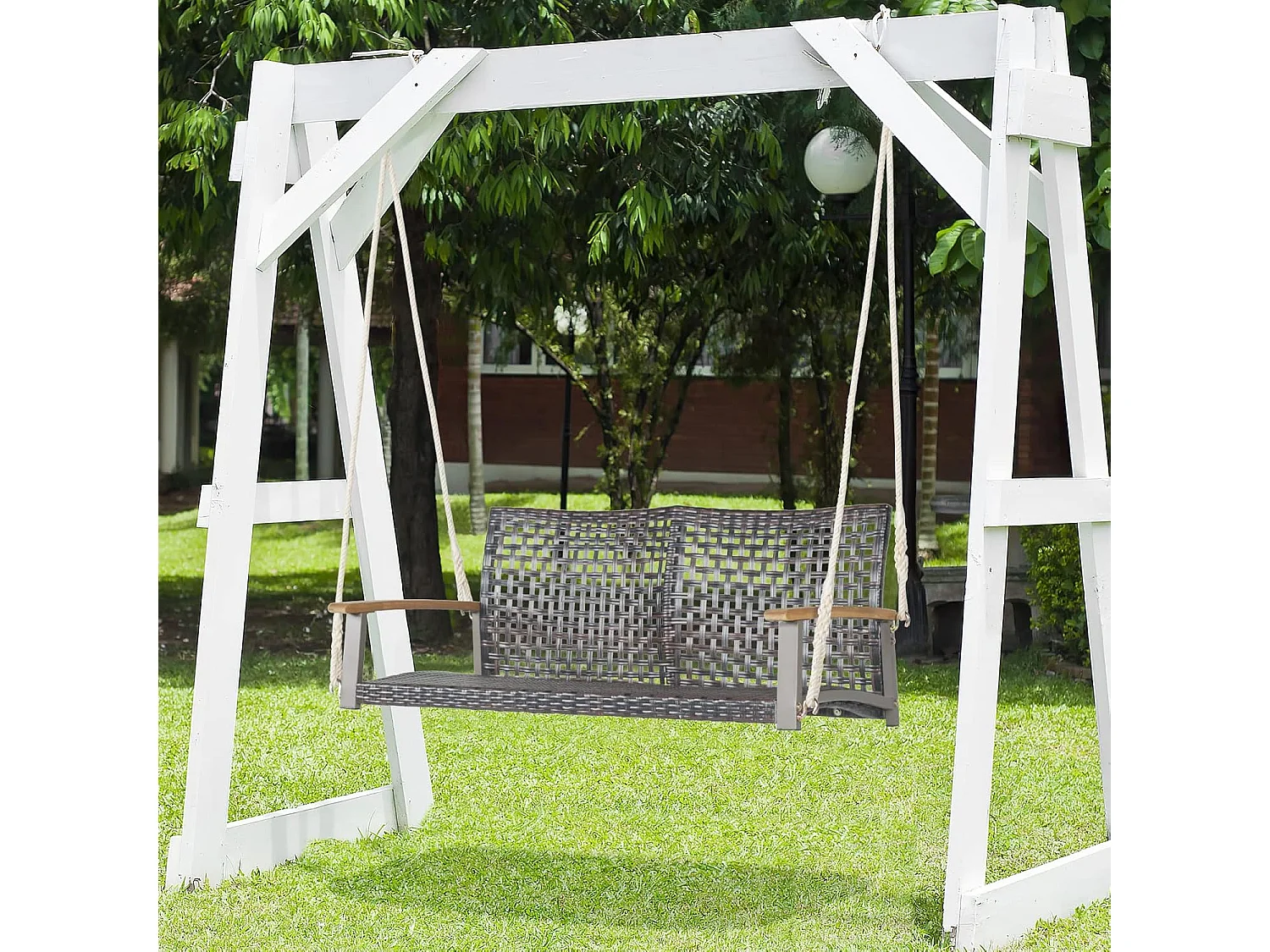 Schommelbank, 2-zits, PE-rotan, tuinschommel om op te hangen, schommelbank met armleuningen van acaciahout, 360 kg belastbaarheid,tuin en balkon