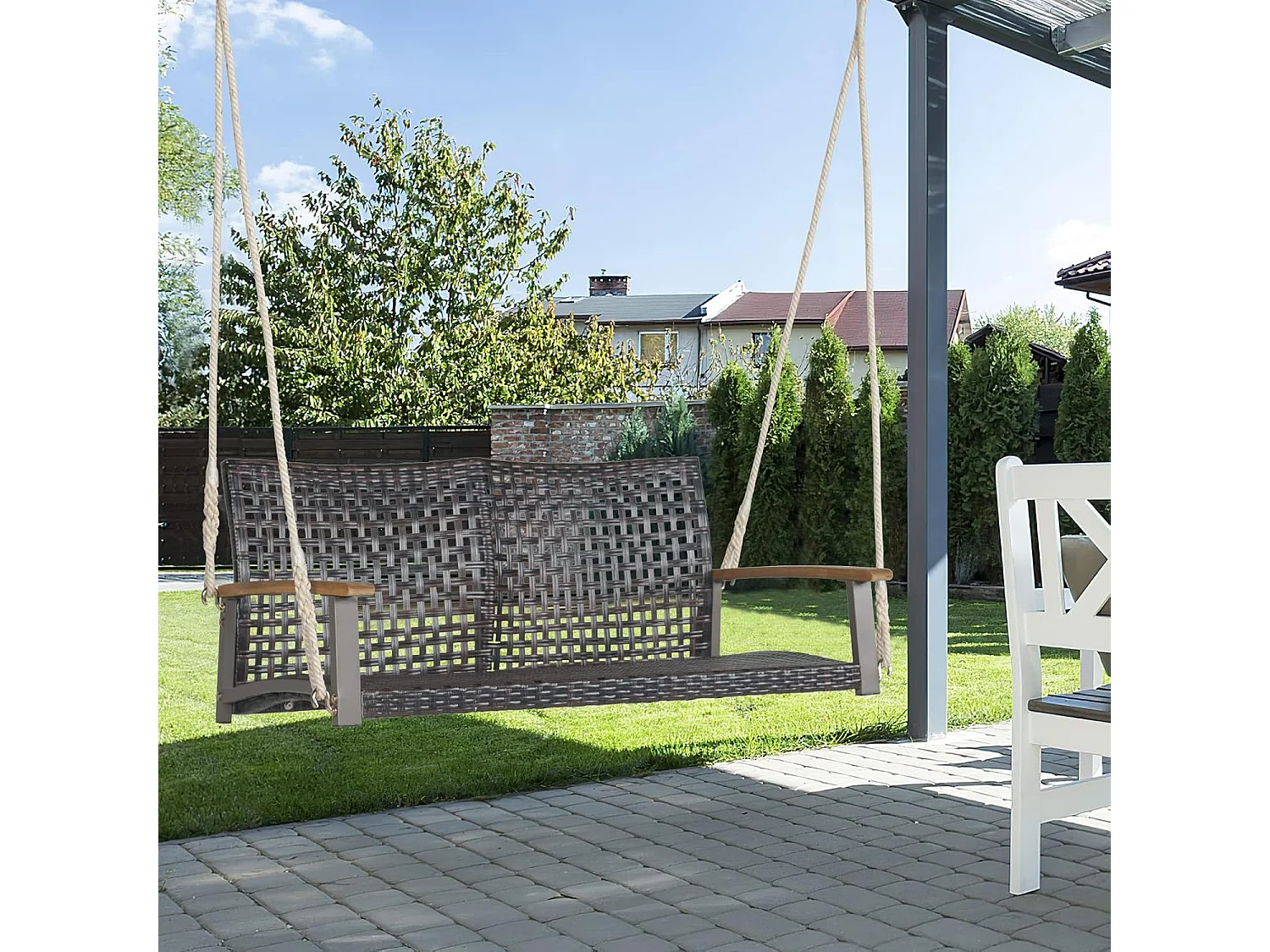 Schommelbank, 2-zits, PE-rotan, tuinschommel om op te hangen, schommelbank met armleuningen van acaciahout, 360 kg belastbaarheid,tuin en balkon