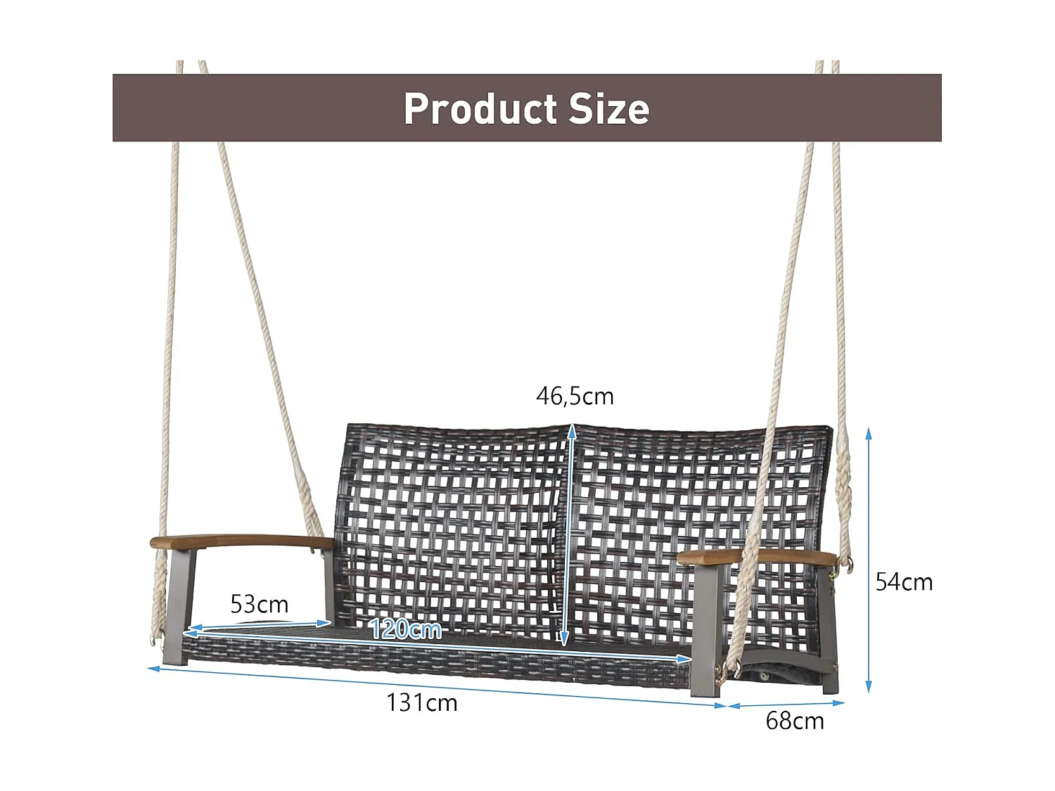 Schommelbank, 2-zits, PE-rotan, tuinschommel om op te hangen, schommelbank met armleuningen van acaciahout, 360 kg belastbaarheid,tuin en balkon