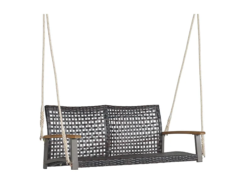 Schommelbank, 2-zits, PE-rotan, tuinschommel om op te hangen, schommelbank met armleuningen van acaciahout, 360 kg belastbaarheid,tuin en balkon